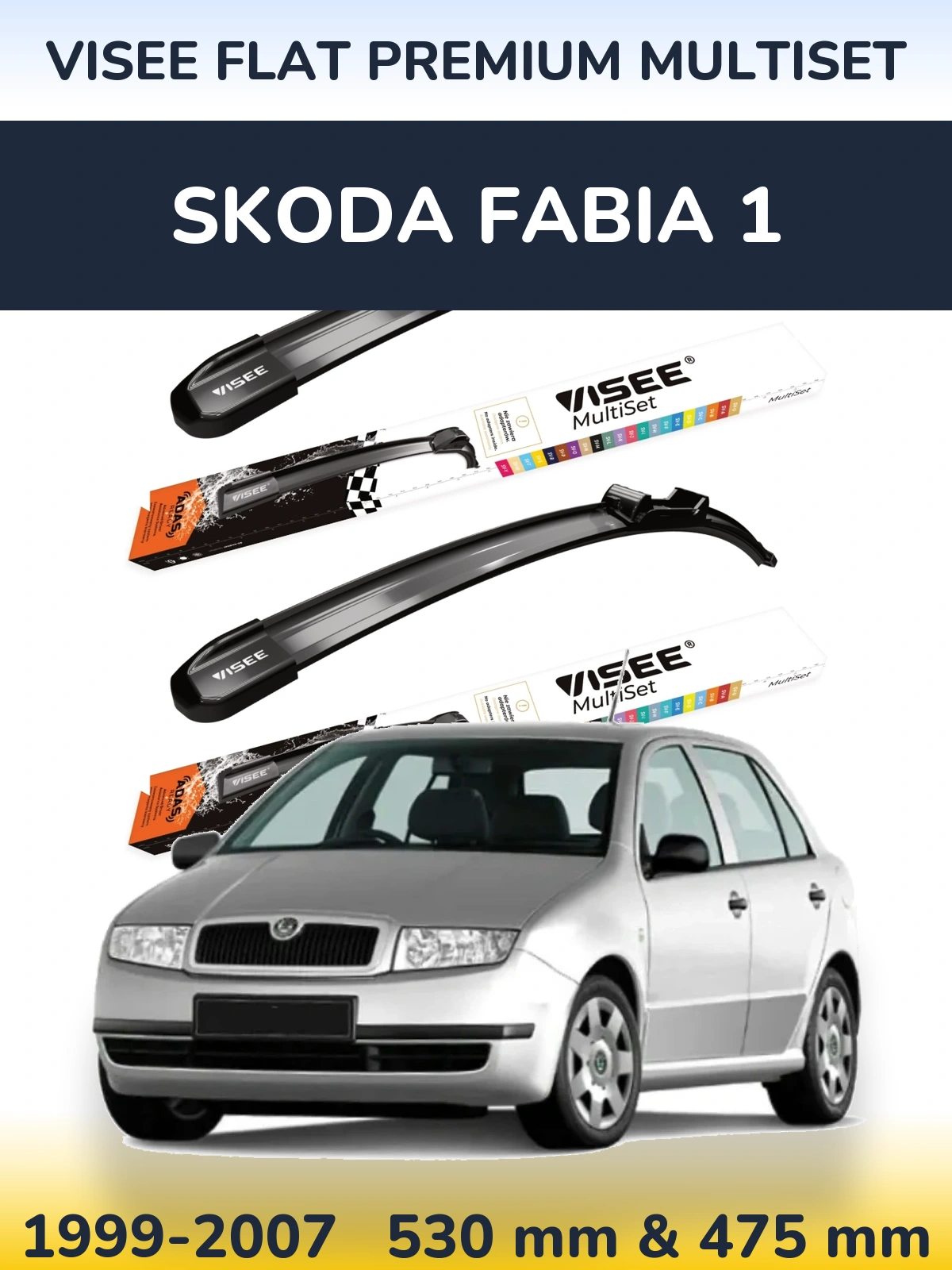Front wiper blade set VISEE FLAT PREMIUM MultiSet 530 & 475 mm for Skoda Fabia 1 1999-2007