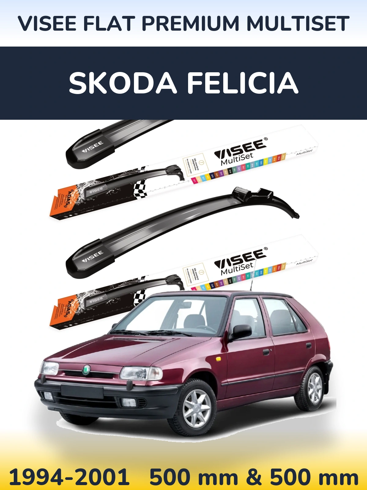 Front wiper blade set VISEE FLAT PREMIUM MultiSet 500 & 500 mm for Skoda Felicia 1994-2001
