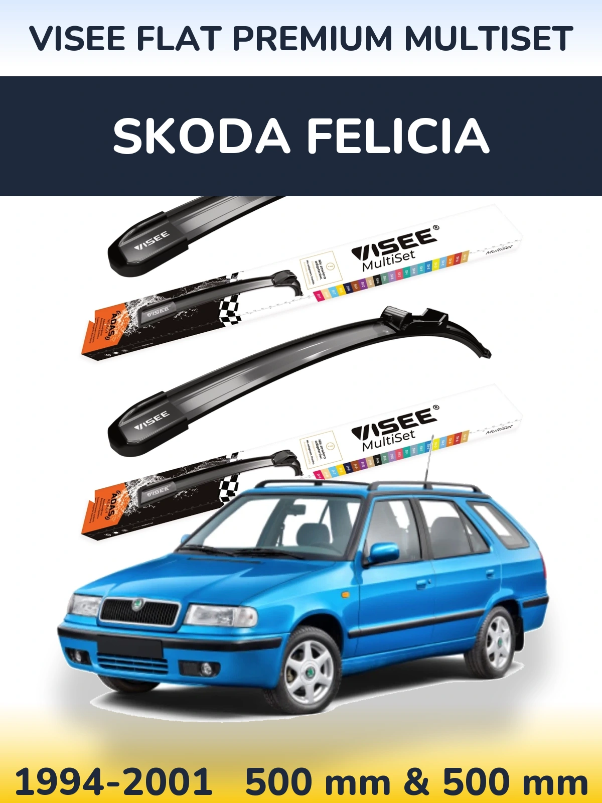 Front wiper blade set VISEE FLAT PREMIUM MultiSet 500 & 500 mm for Skoda Felicia 1994-2001