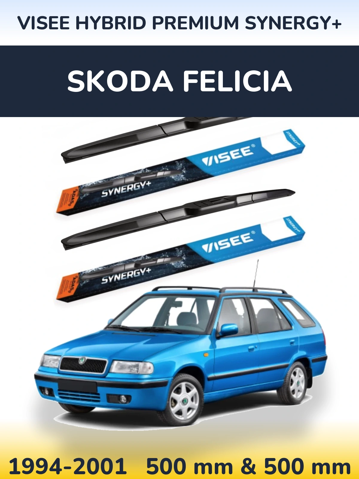 Front wiper blade set VISEE HYBRID PREMIUM SYNERGY+ 500 & 500 mm for Skoda Felicia 1994-2001