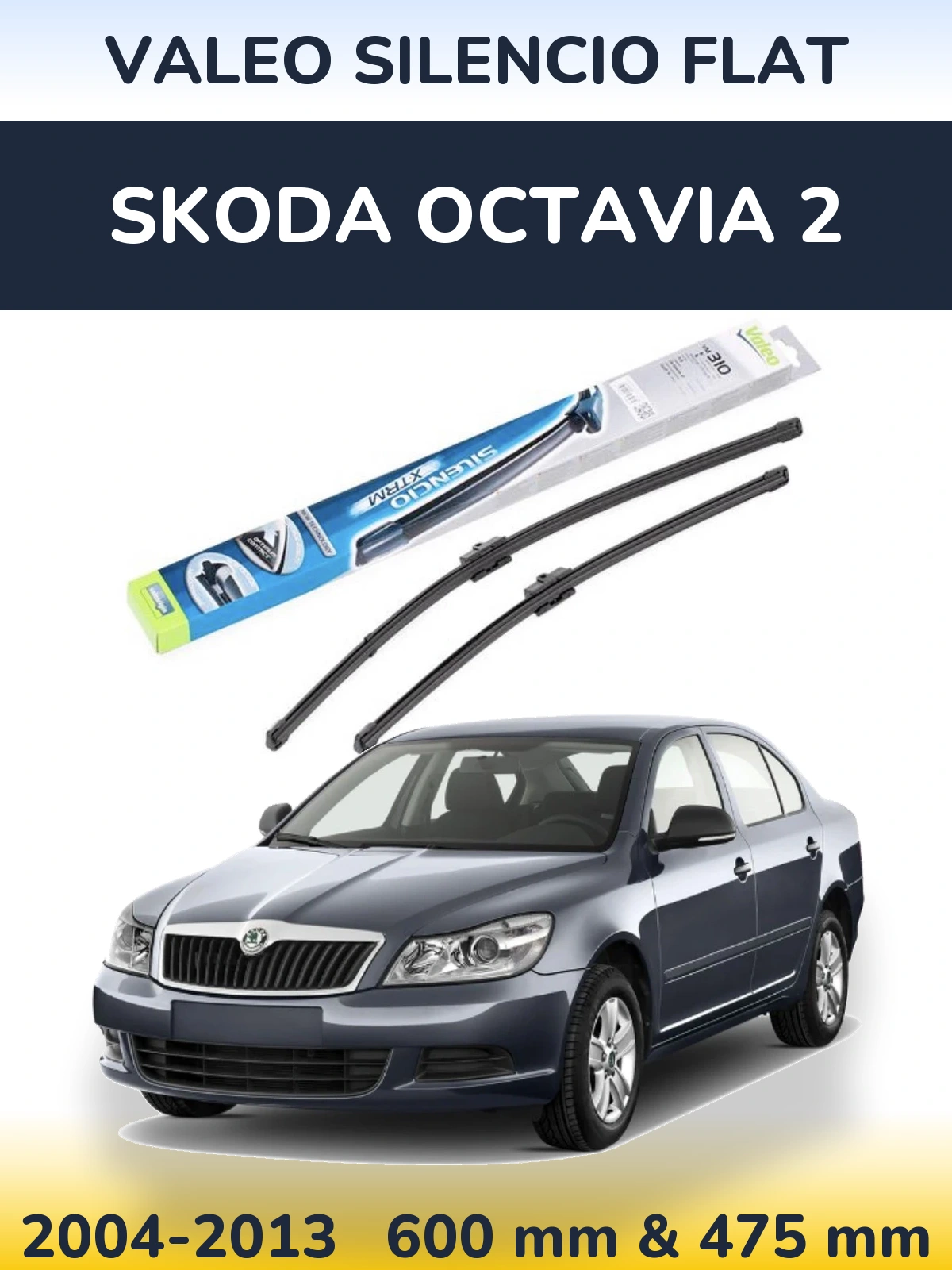Front wiper blade set Valeo Silencio Flat 600 & 475 mm for Skoda Octavia 2 2004-2013