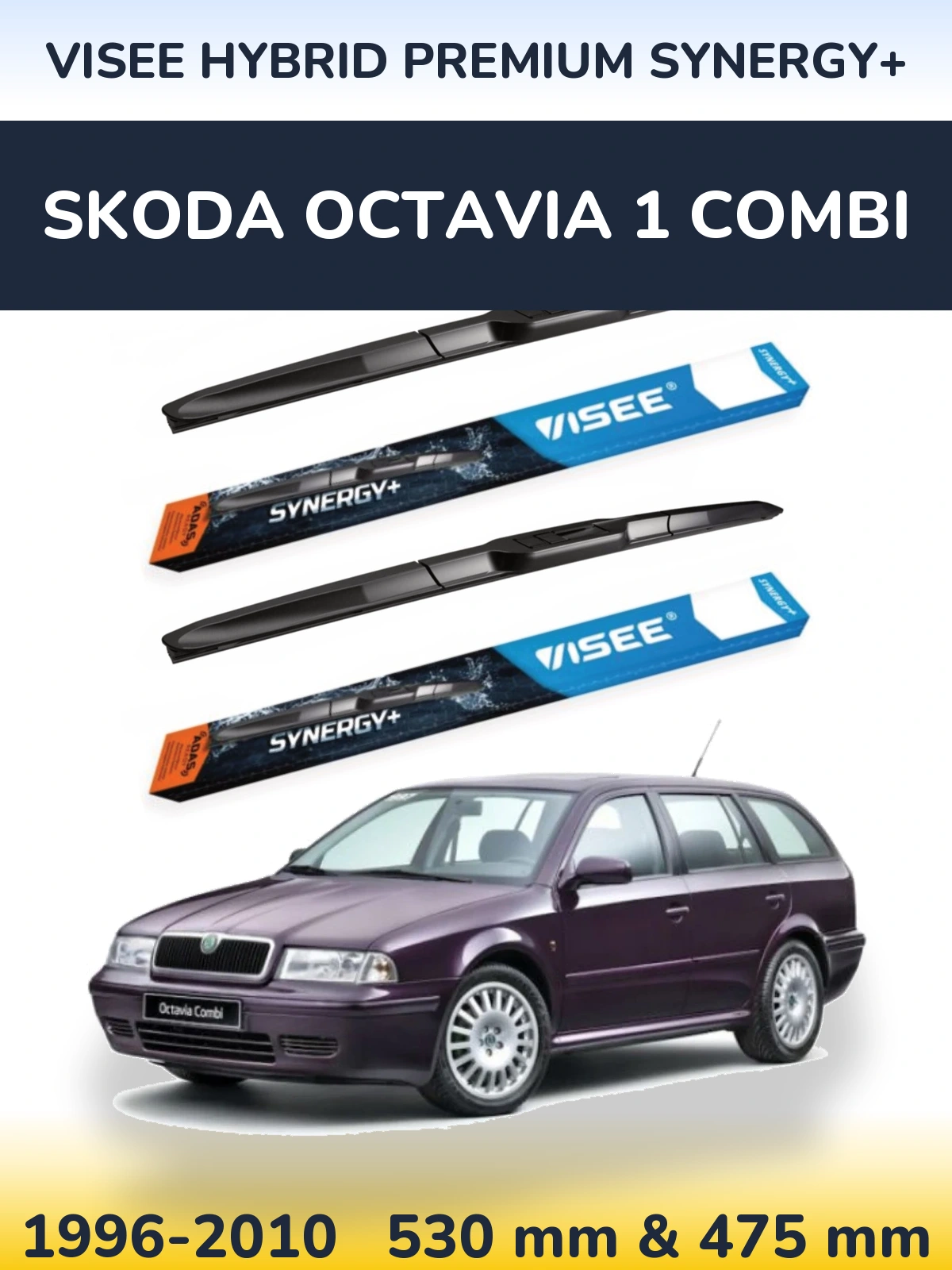 Front wiper blade set VISEE HYBRID PREMIUM SYNERGY+ 530 & 475 mm for Skoda Octavia 1 Combi 1996-2010