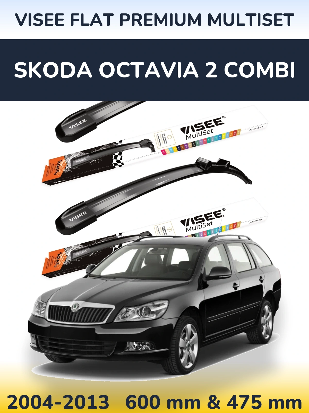 Front wiper blade set VISEE FLAT PREMIUM MultiSet 600 & 475 mm for Skoda Octavia 2 Combi 2004-2013