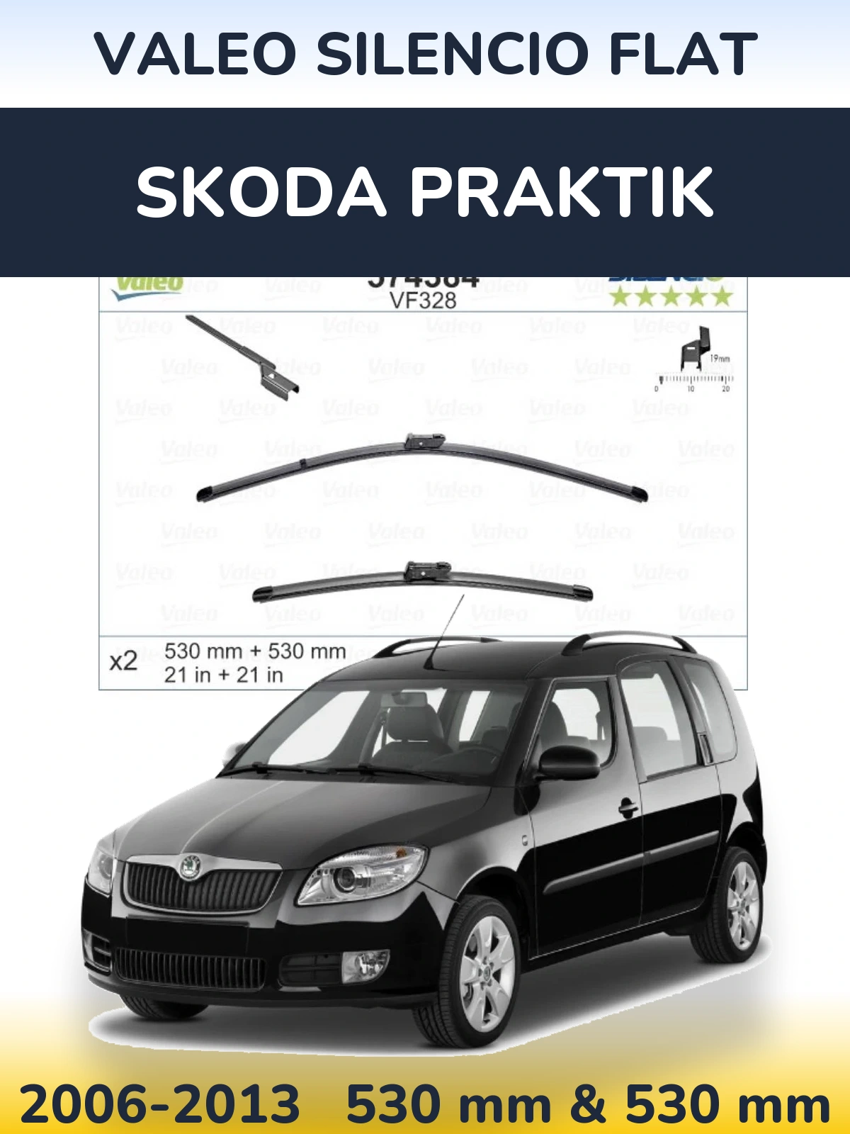 Комплект передних дворников Valeo Silencio Flat 530 & 520 мм для Skoda Praktik 2006-2013