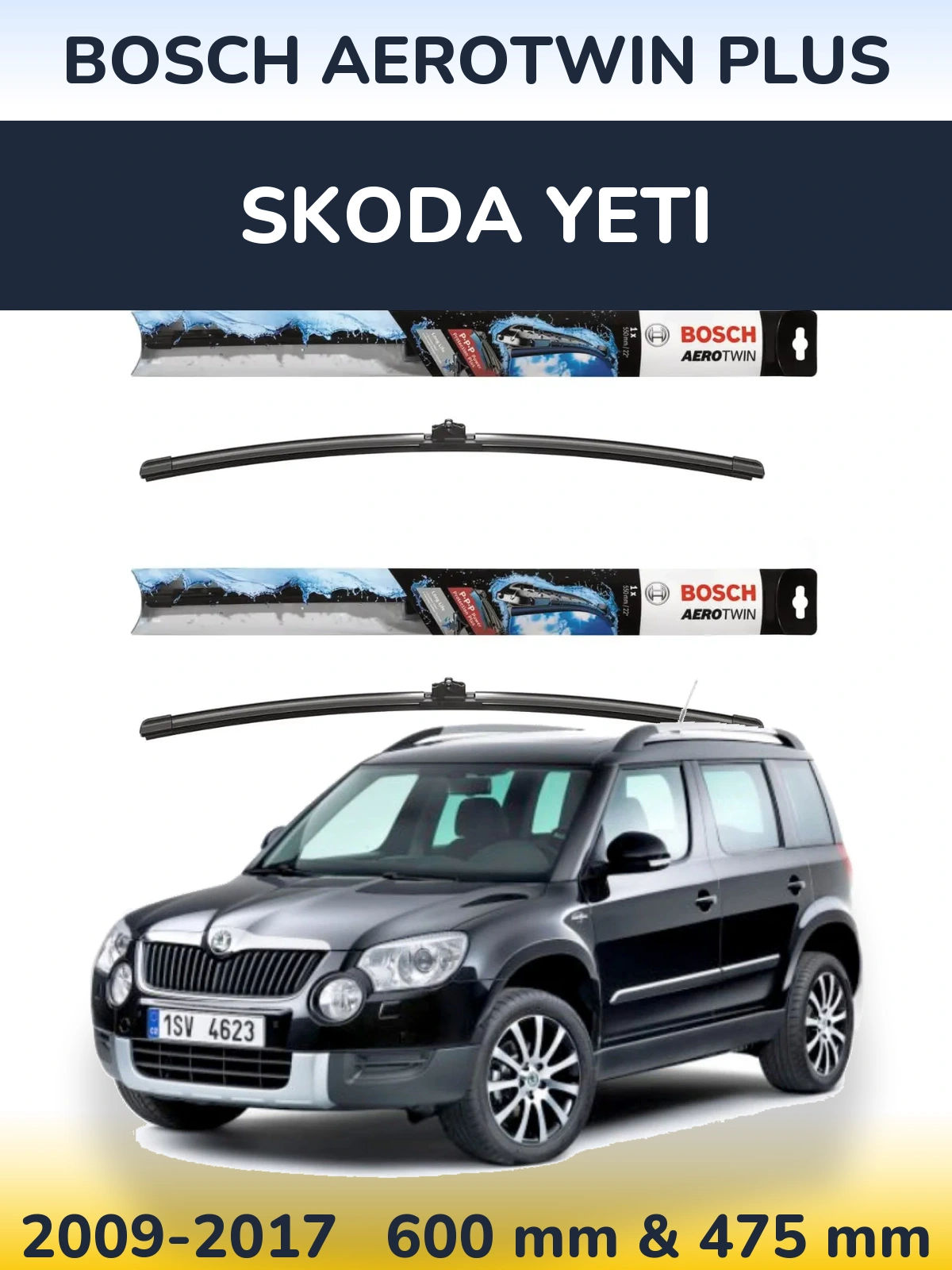 Front wiper blade set BOSCH AeroTwin Plus 600 & 475 mm for Skoda Yeti 2009-2017
