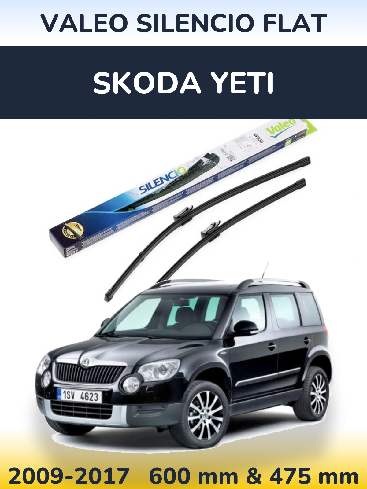 Front wiper blade set Valeo Silencio Flat 600 & 475 mm for Skoda Yeti 2009-2017