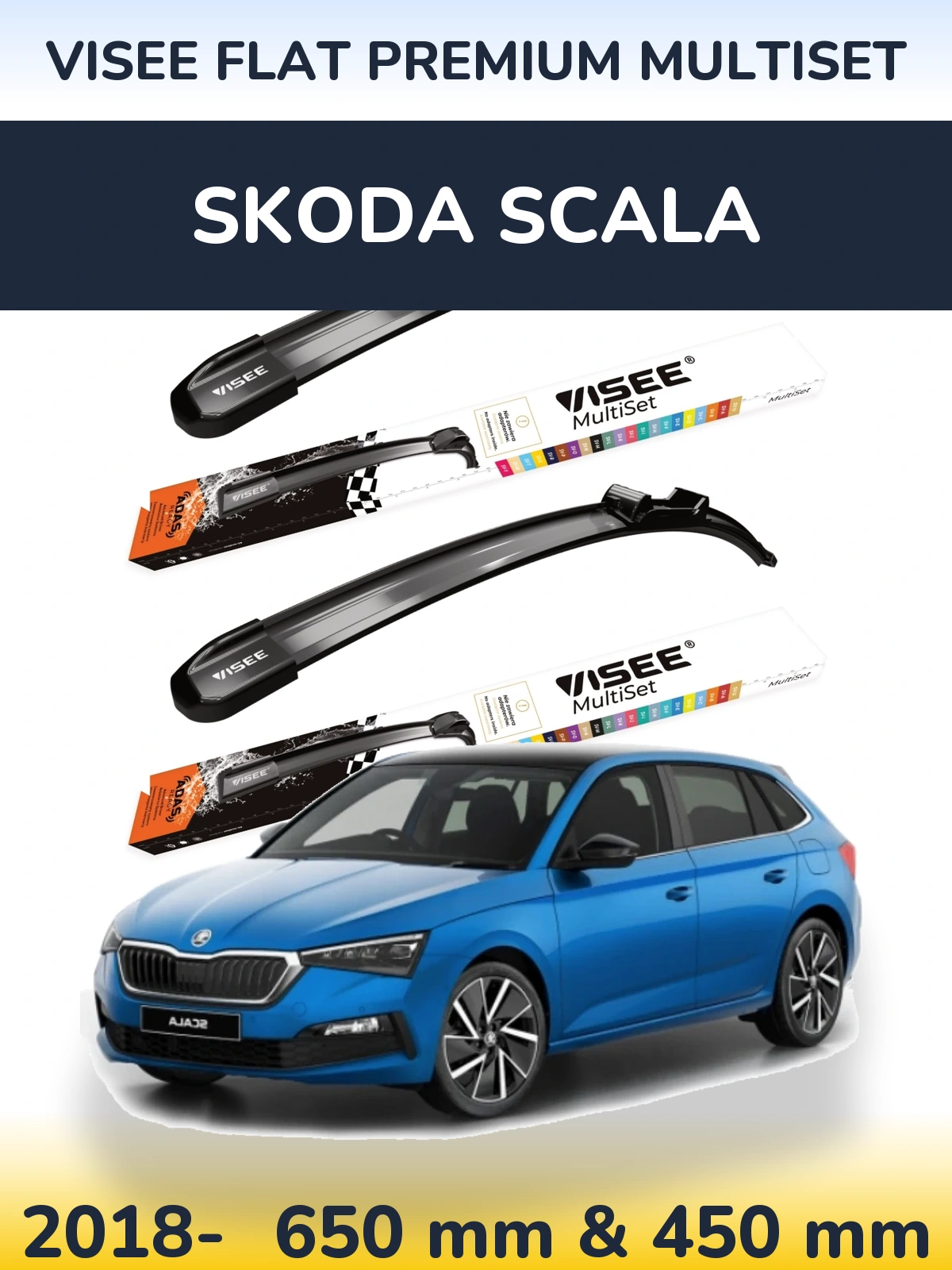 Front wiper blade set VISEE FLAT PREMIUM MultiSet 650 & 450 mm for Skoda Scala 2018-2026