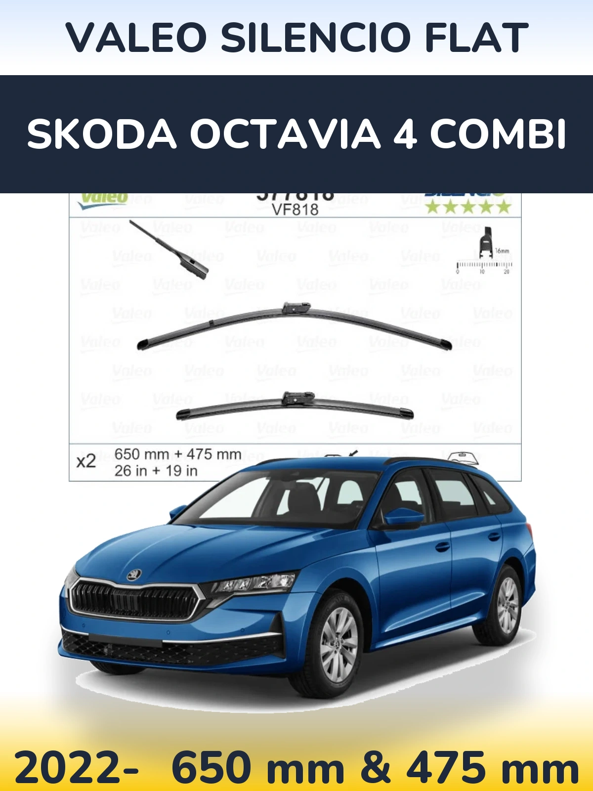 Комплект передних дворников Valeo Silencio Flat 650 & 475 мм для Skoda Octavia 4 Combi 2022-2026
