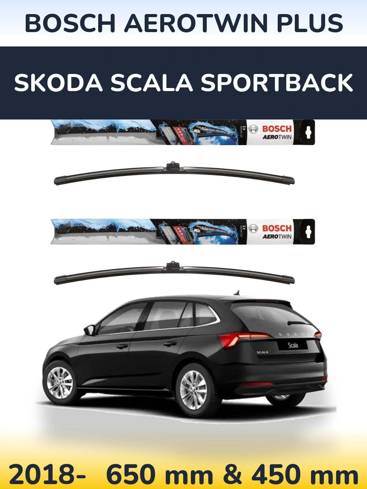 Front wiper blade set BOSCH AeroTwin Plus 650 & 450 mm for Skoda Scala Sportback 2018-2026