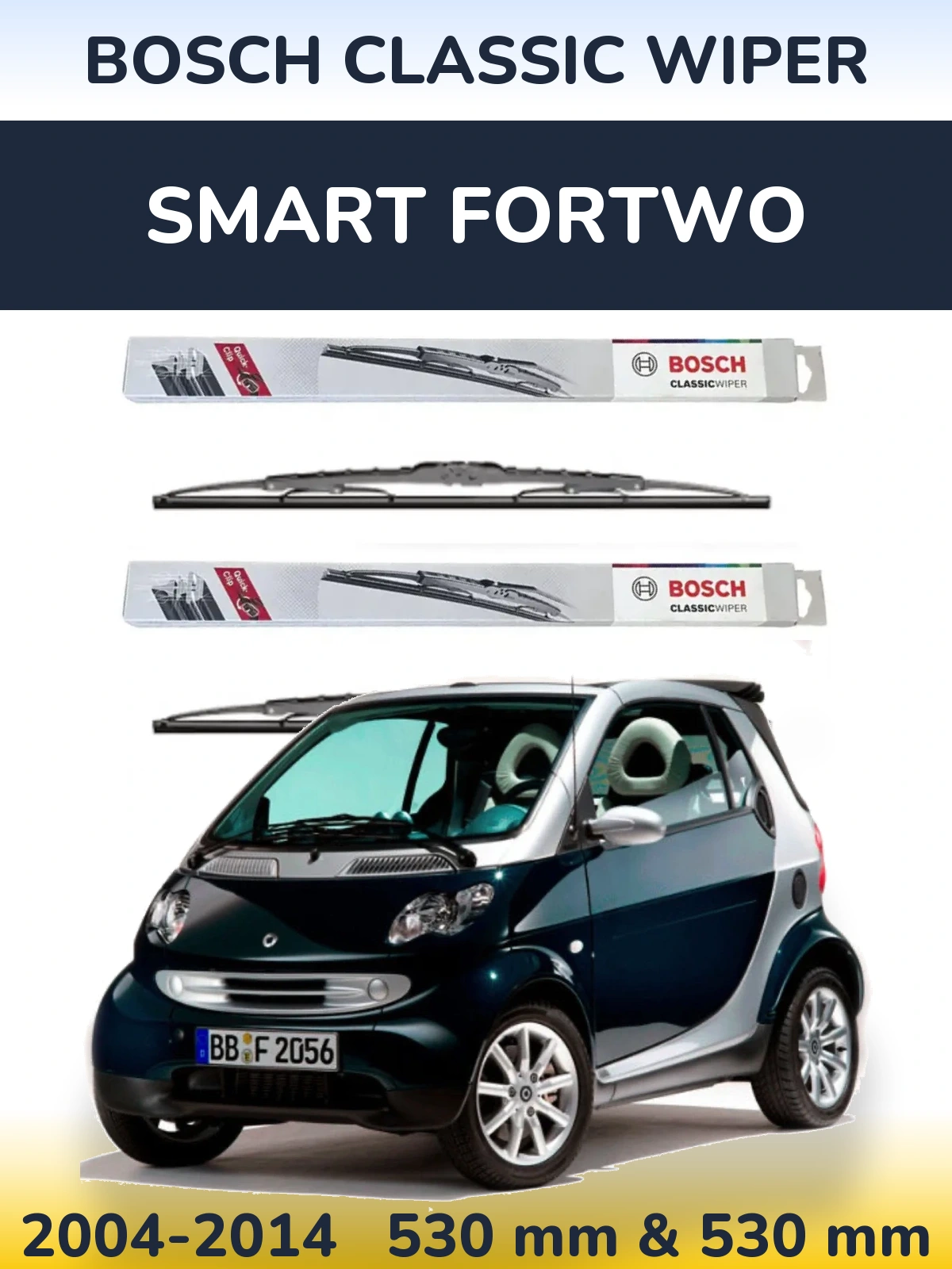 Front wiper blade set BOSCH Classic Wiper 530 & 530 mm for Smart Fortwo 2004-2014