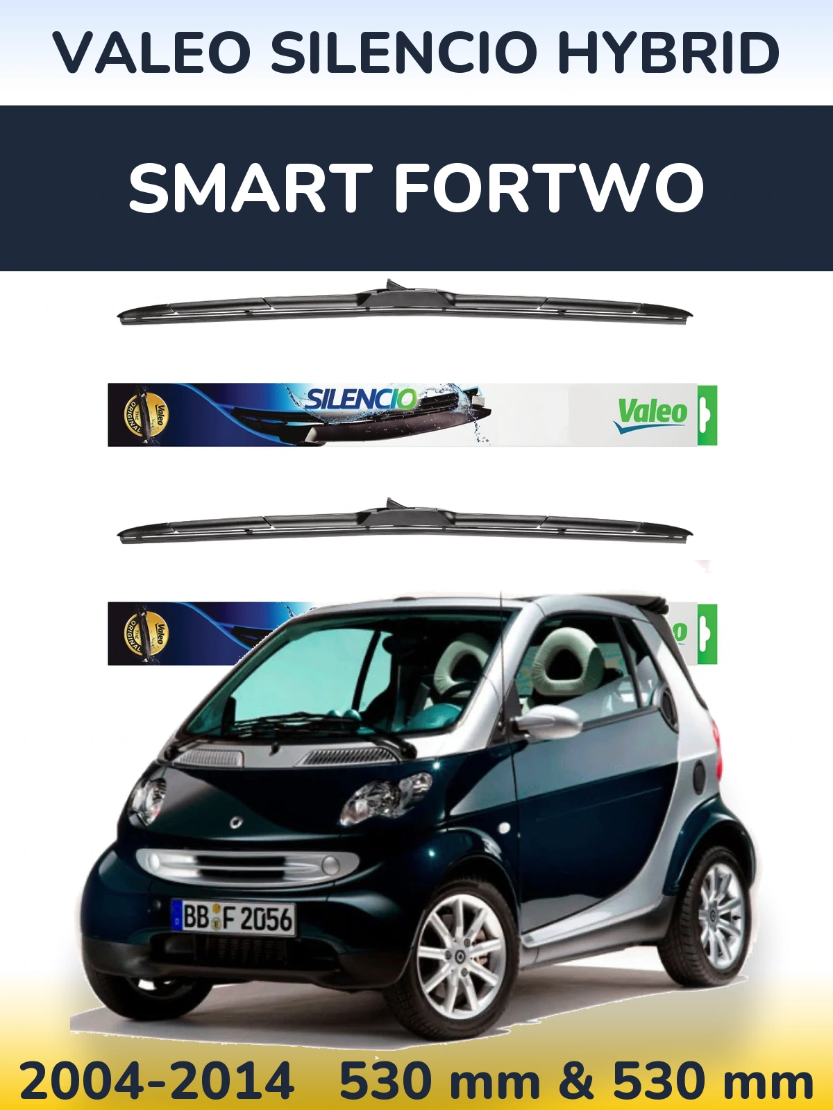 Front wiper blade set Valeo Silencio Hybrid 530 & 530 mm for Smart Fortwo 2004-2014