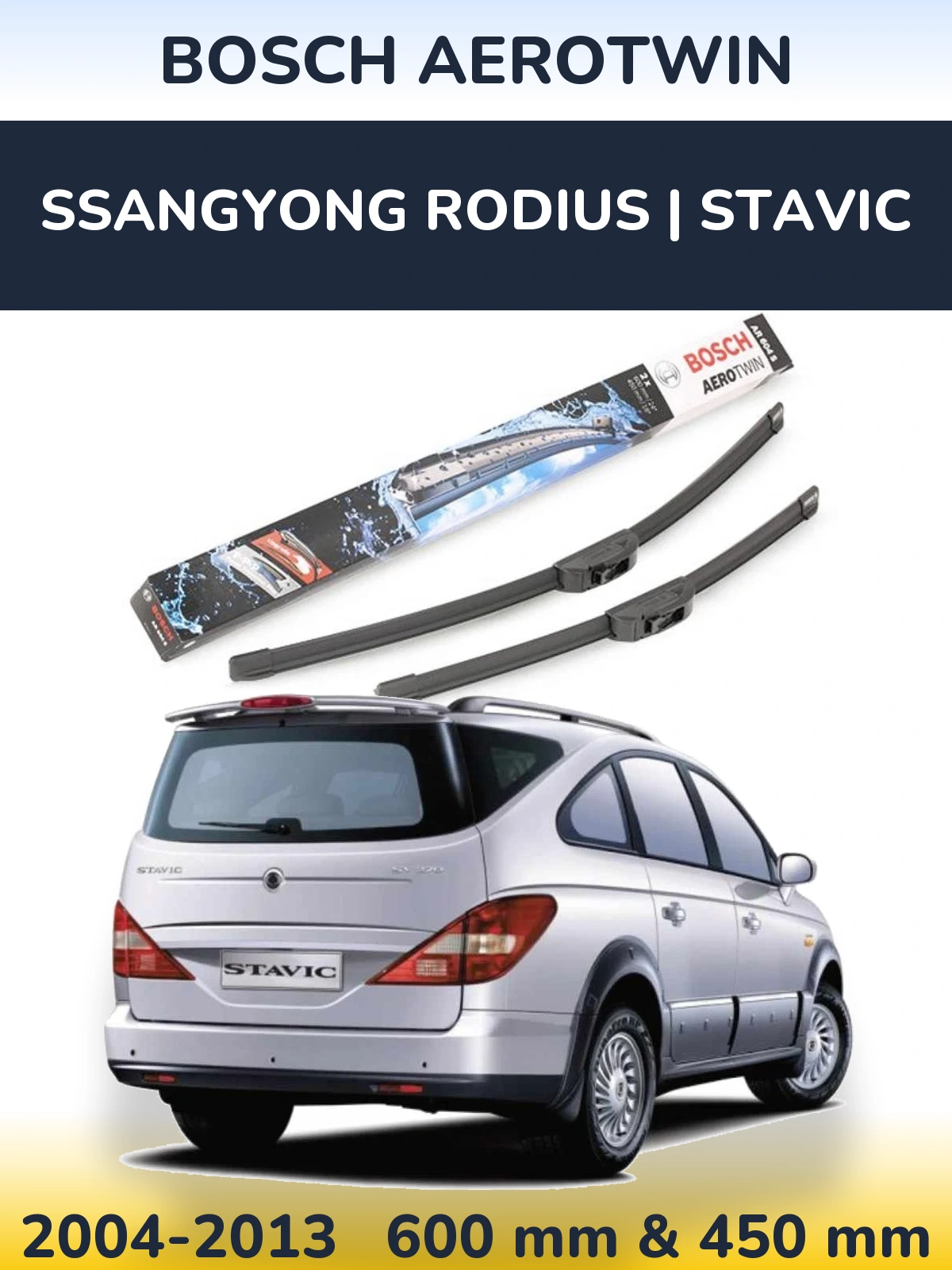 Front wiper blade set BOSCH AeroTwin 600 & 450 mm for SsangYong Rodius | Stavic 2004-2013