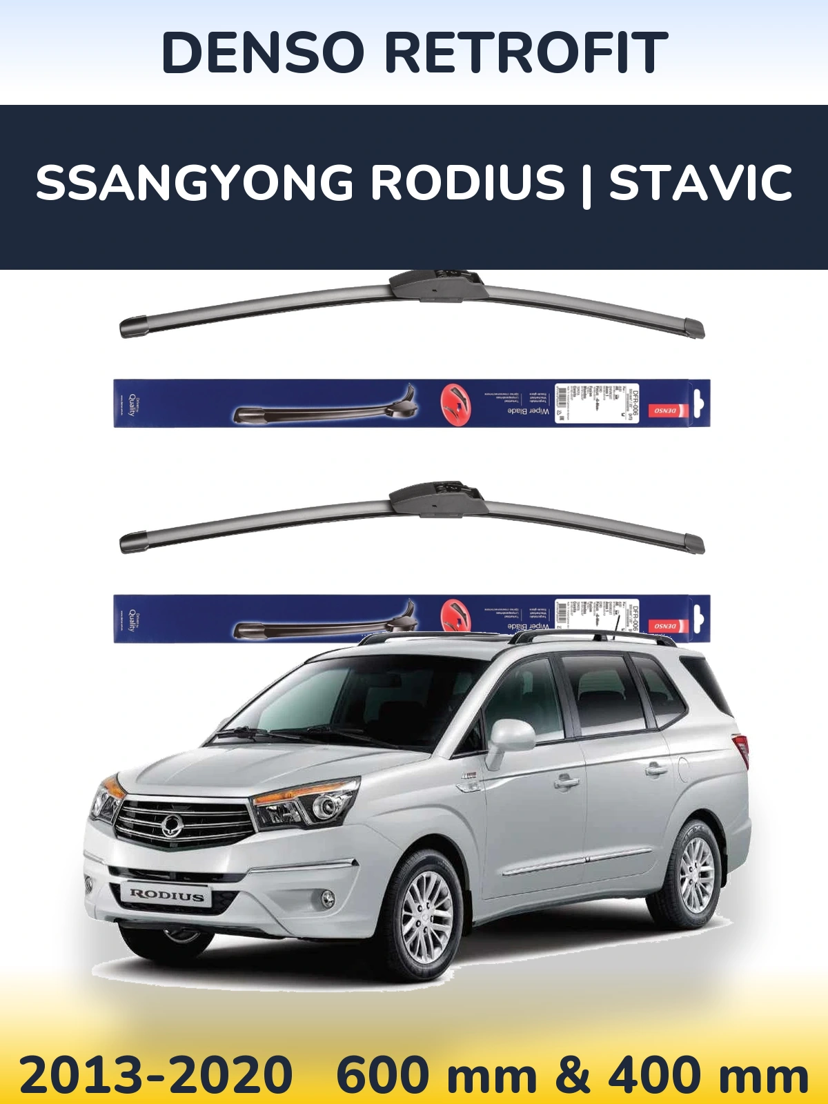Front wiper blade set Denso Retrofit 600 & 400 mm for SsangYong Rodius | Stavic 2013-2020