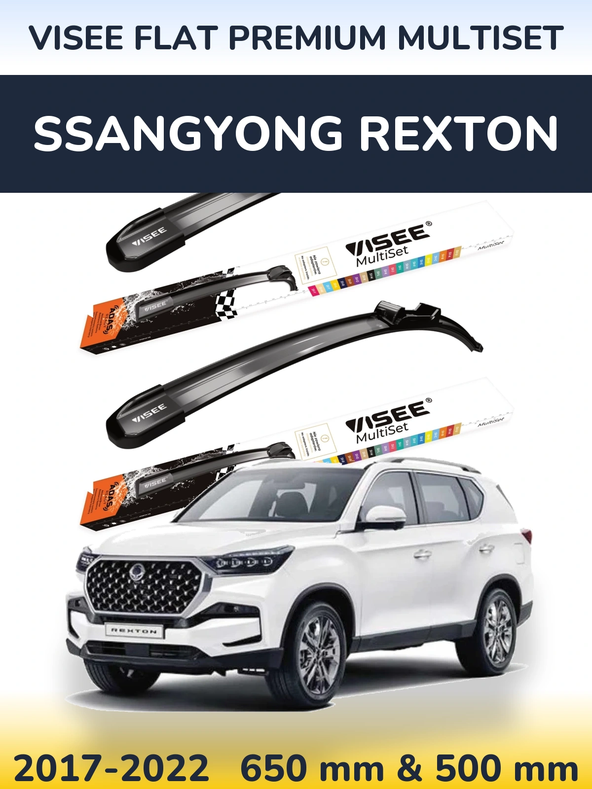 Front wiper blade set VISEE FLAT PREMIUM MultiSet 650 & 500 mm for SsangYong Rexton 2017-2022