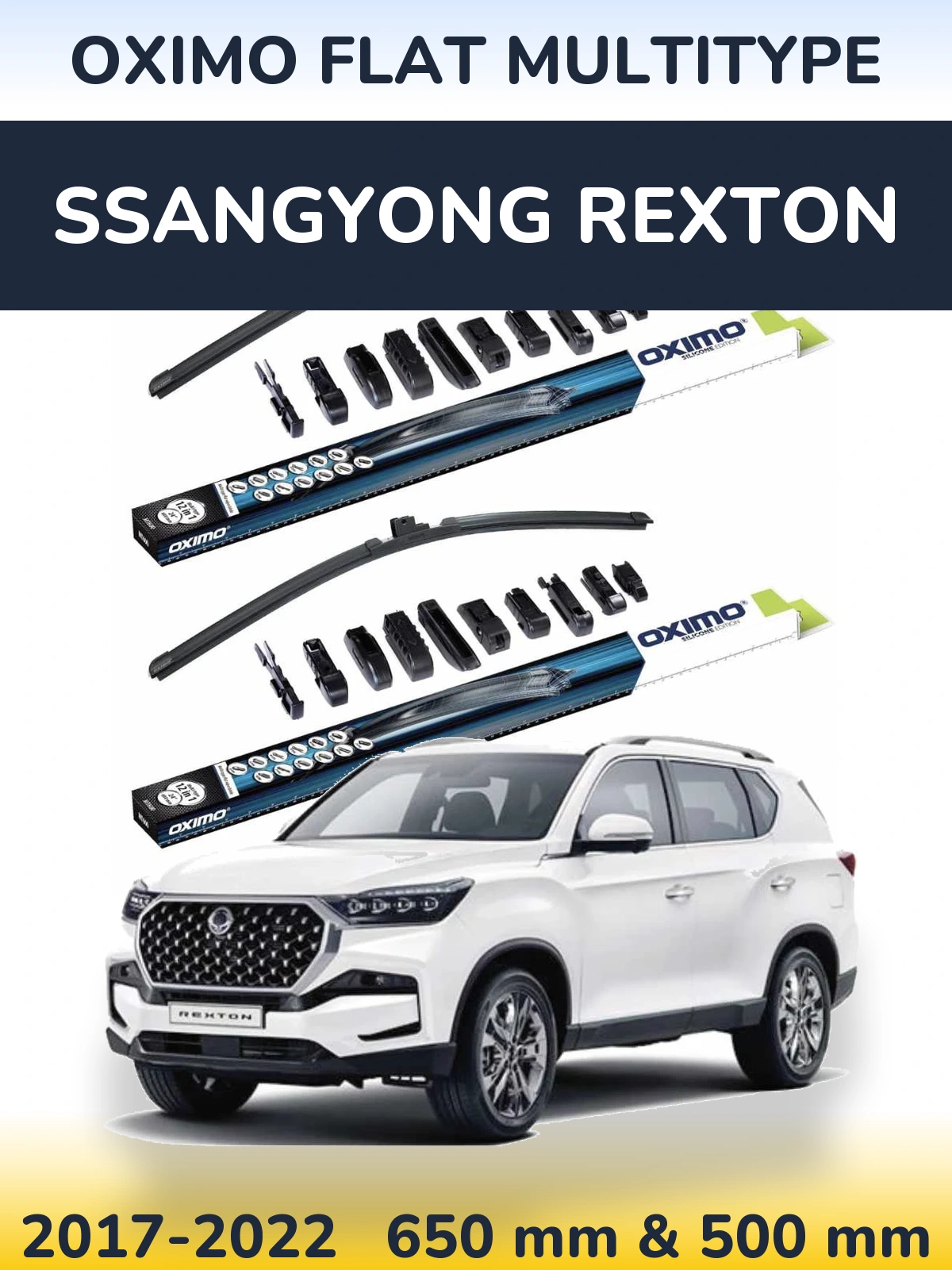Front wiper blade set Oximo Flat MultiTypee 650 & 500 mm for SsangYong Rexton 2017-2022