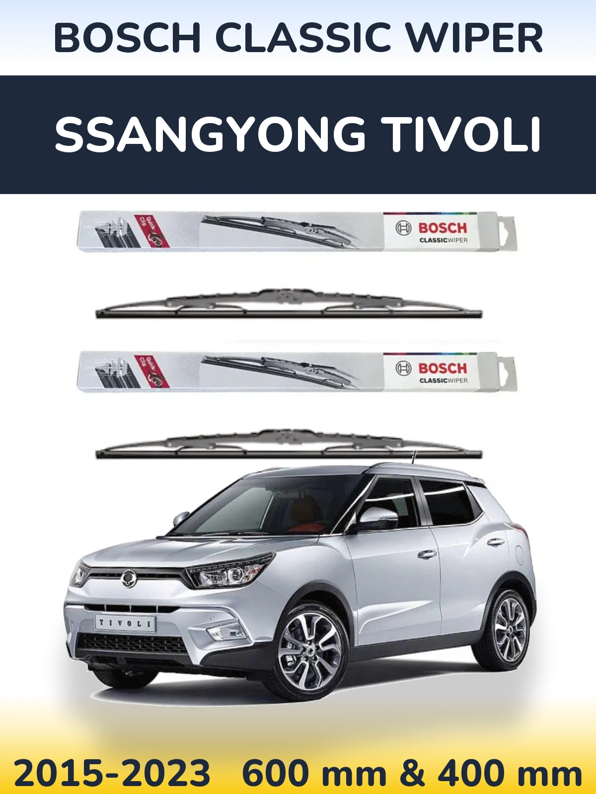 Front wiper blade set BOSCH Classic Wiper 600 & 400 mm for SsangYong Tivoli 2015-2023