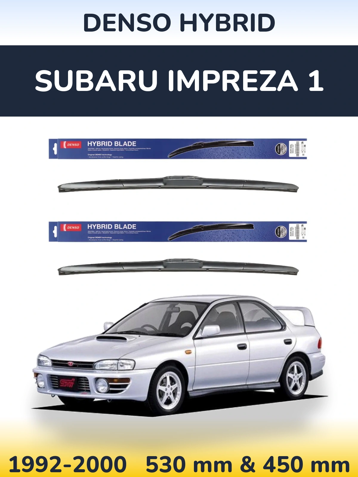 Front wiper blade set Denso Hybrid 530 & 450 mm for Subaru Impreza 1 1992-2000