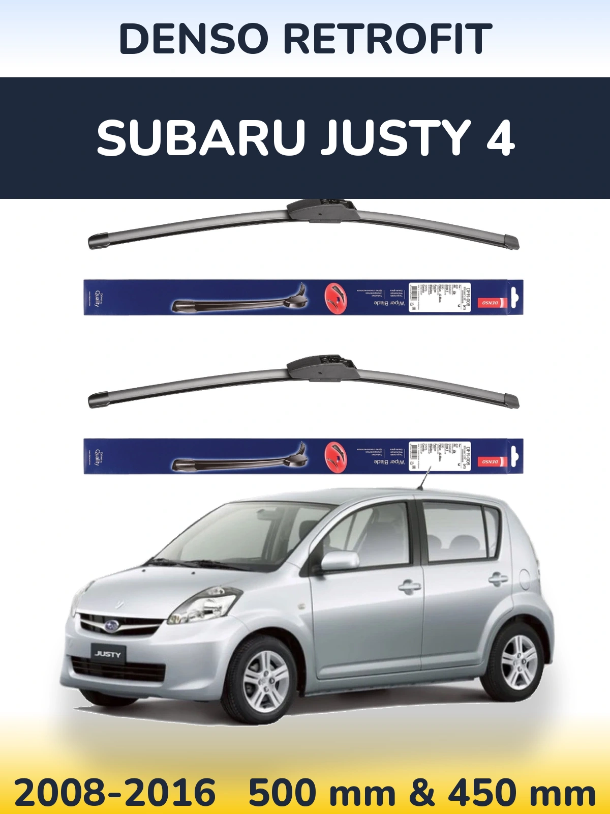 Front wiper blade set Denso Retrofit 500 & 450 mm for Subaru Justy 4 2008-2016