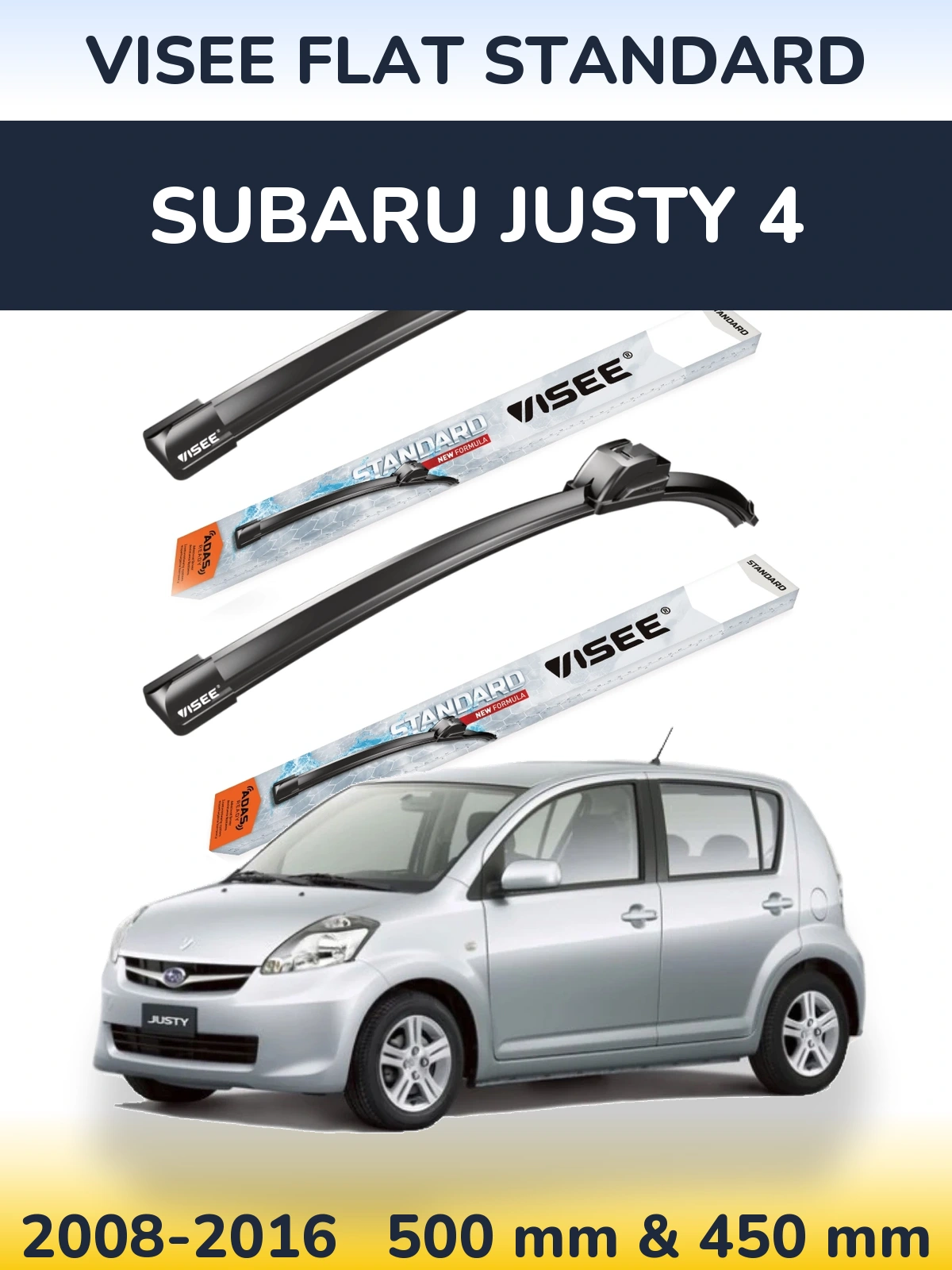 Комплект передних дворников VISEE FLAT STANDARD 500 & 450 мм для Subaru Justy 4 2008-2016