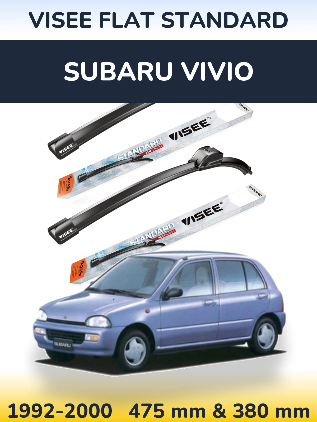 Front wiper blade set VISEE FLAT STANDARD 475 & 380 mm for Subaru Vivio 1992-2000