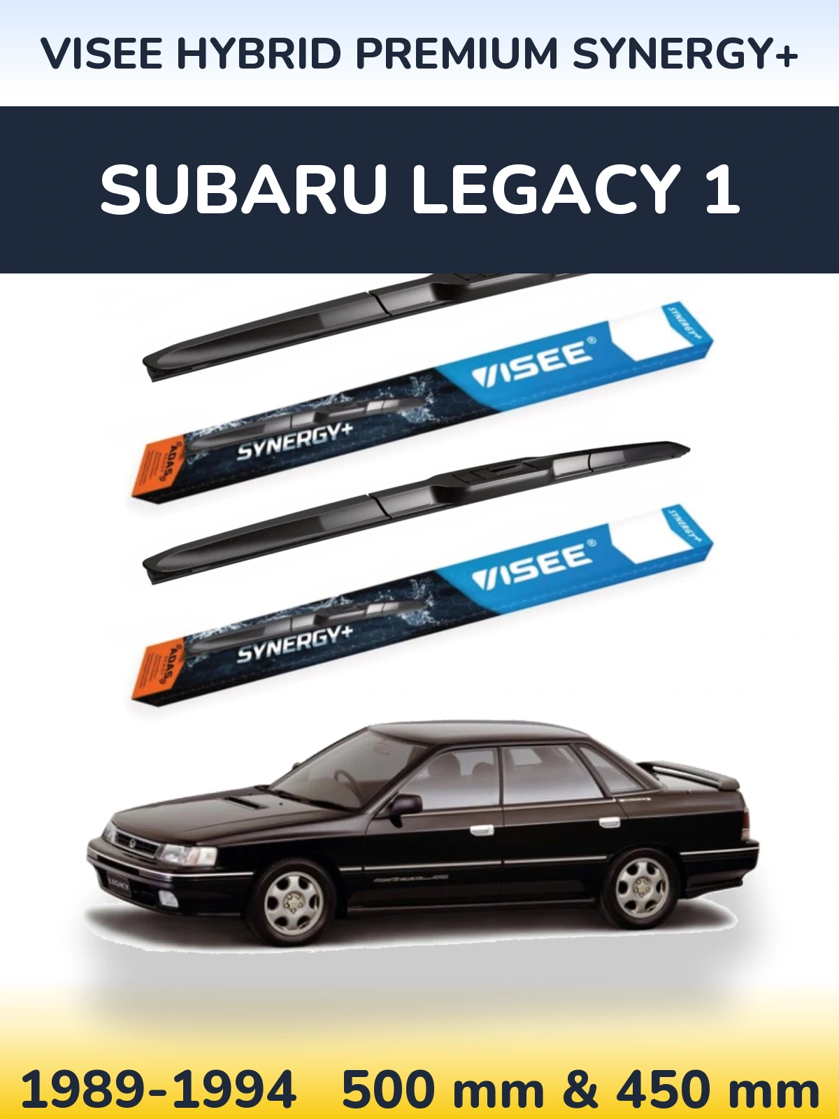 Front wiper blade set VISEE HYBRID PREMIUM SYNERGY+ 500 & 450 mm for Subaru Legacy 1 1989-1994