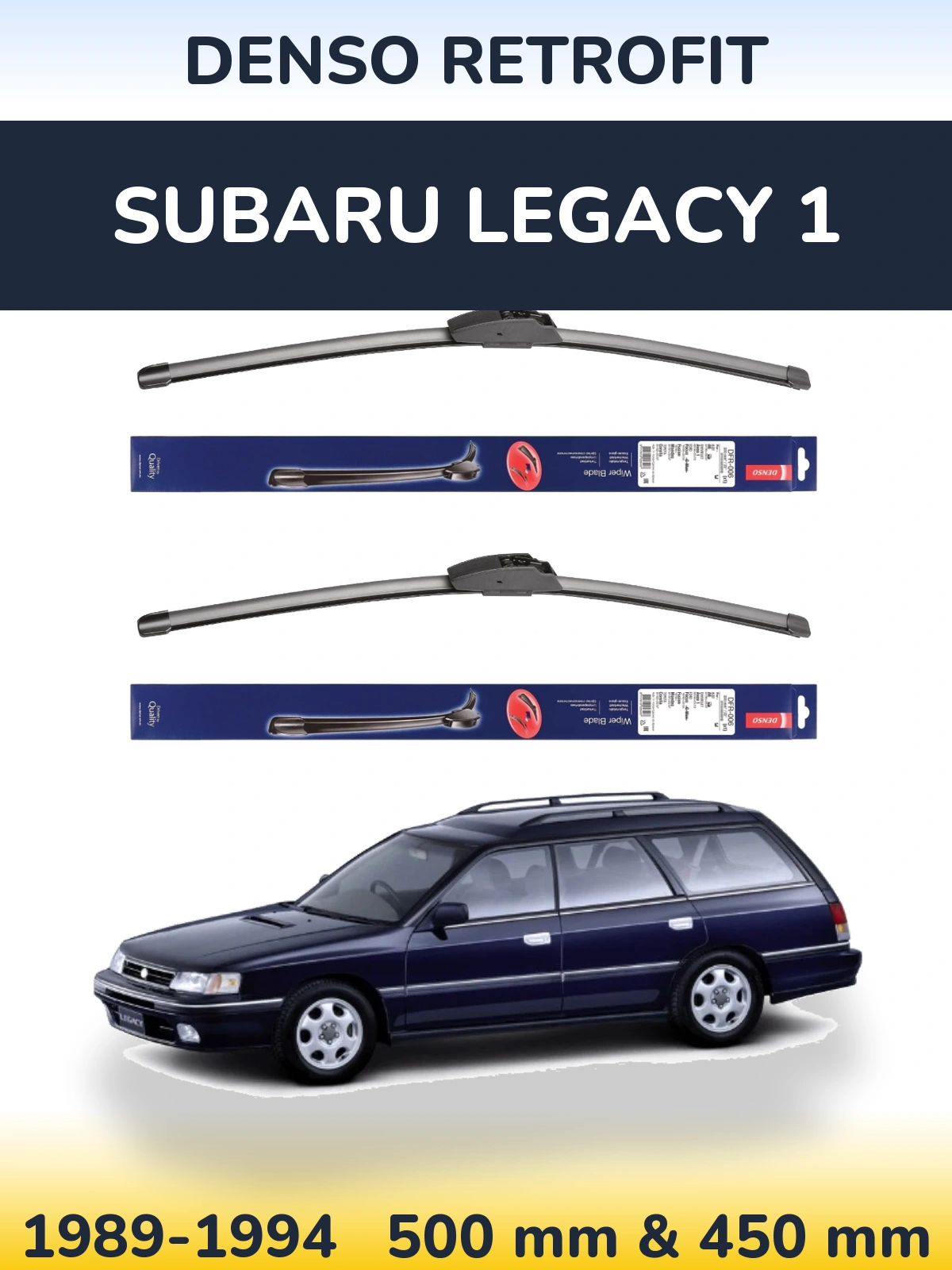 Front wiper blade set Denso Retrofit 500 & 450 mm for Subaru Legacy 1 1989-1994