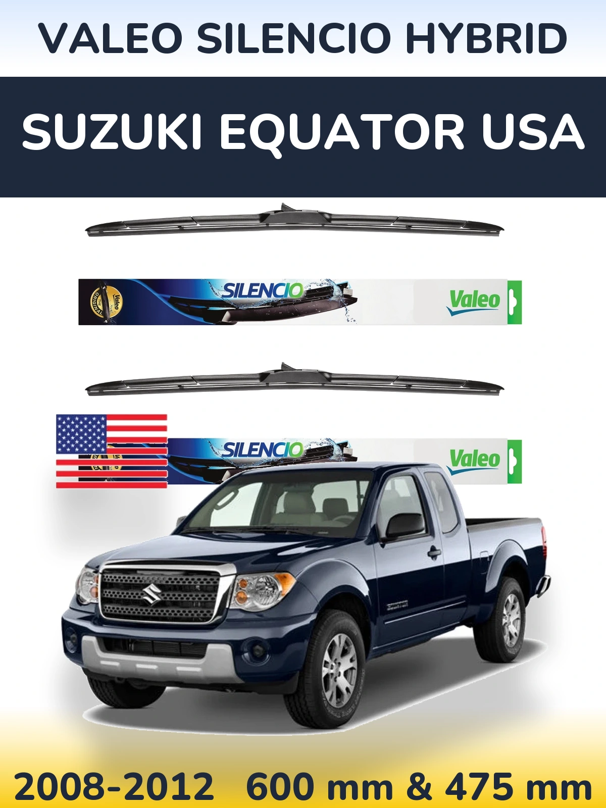 Комплект передних дворников Valeo Silencio Hybrid 600 & 475 мм для Suzuki Equator USA 2008-2012