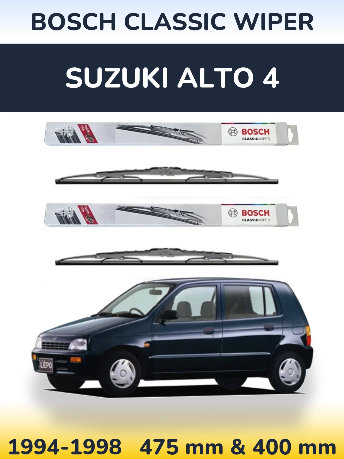 Front wiper blade set BOSCH Classic Wiper 475 & 400 mm for Suzuki Alto 4 1994-1998
