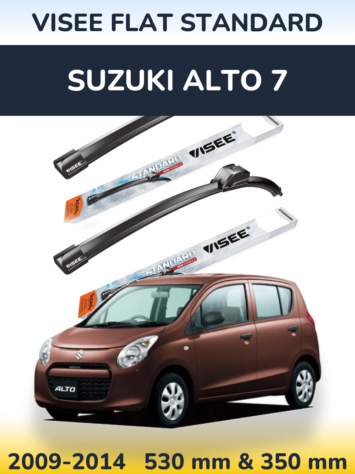 Front wiper blade set VISEE FLAT STANDARD 530 & 350 mm for Suzuki Alto 7 2009-2014