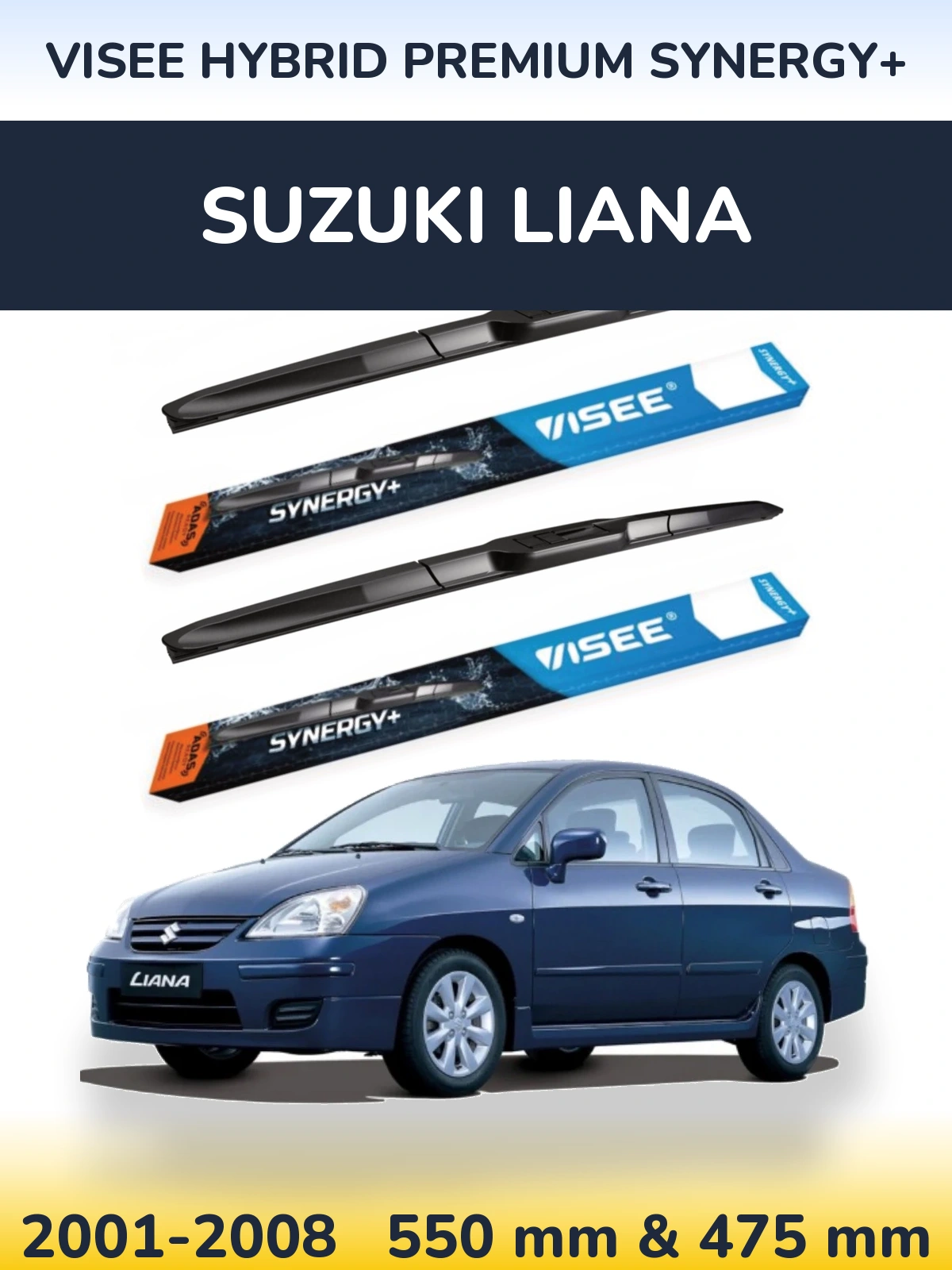 Front wiper blade set VISEE HYBRID PREMIUM SYNERGY+ 550 & 475 mm for Suzuki Liana 2001-2008
