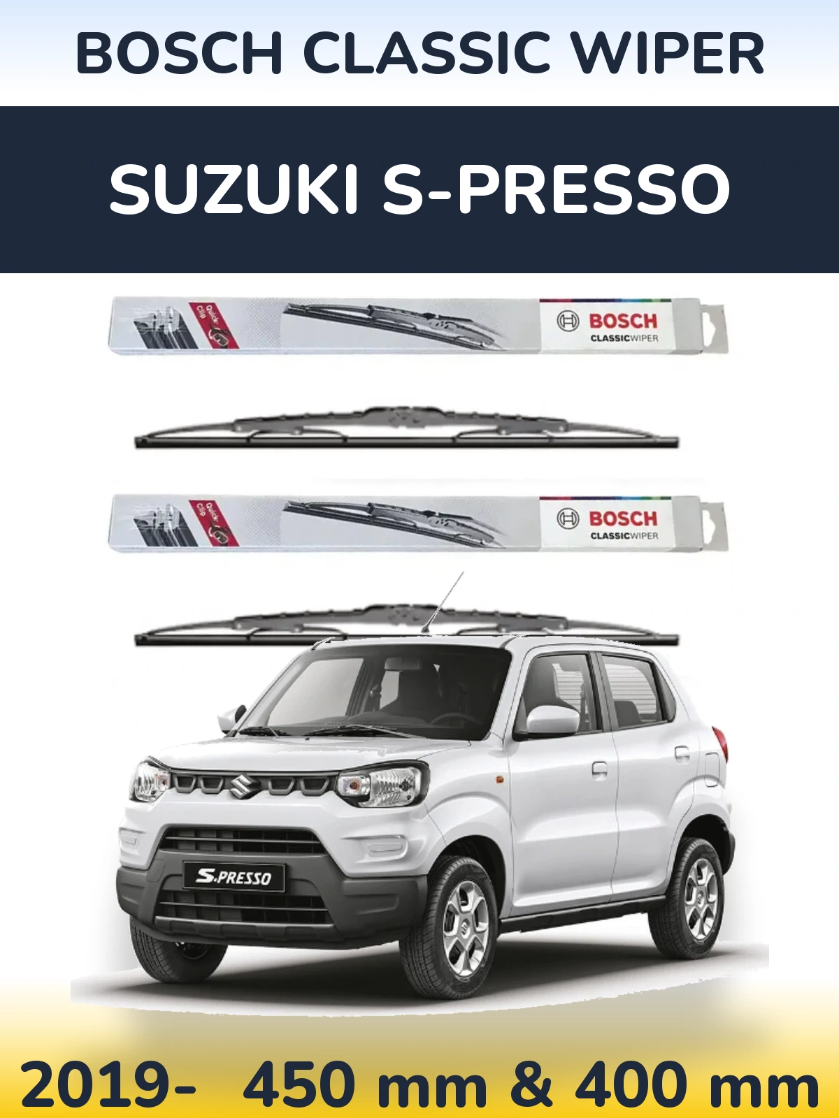 Front wiper blade set BOSCH Classic Wiper 450 & 400 mm for Suzuki S-Presso 2019-2026