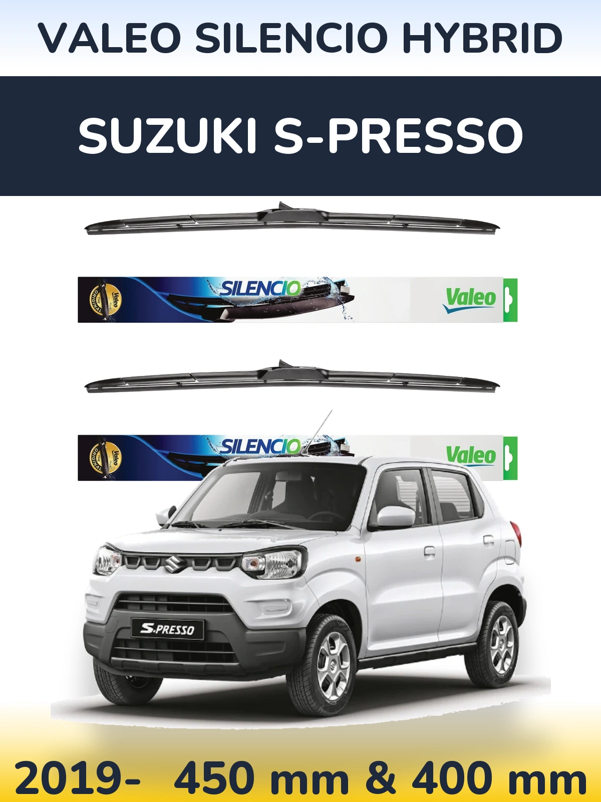 Front wiper blade set Valeo Silencio Hybrid 450 & 400 mm for Suzuki S-Presso 2019-2026
