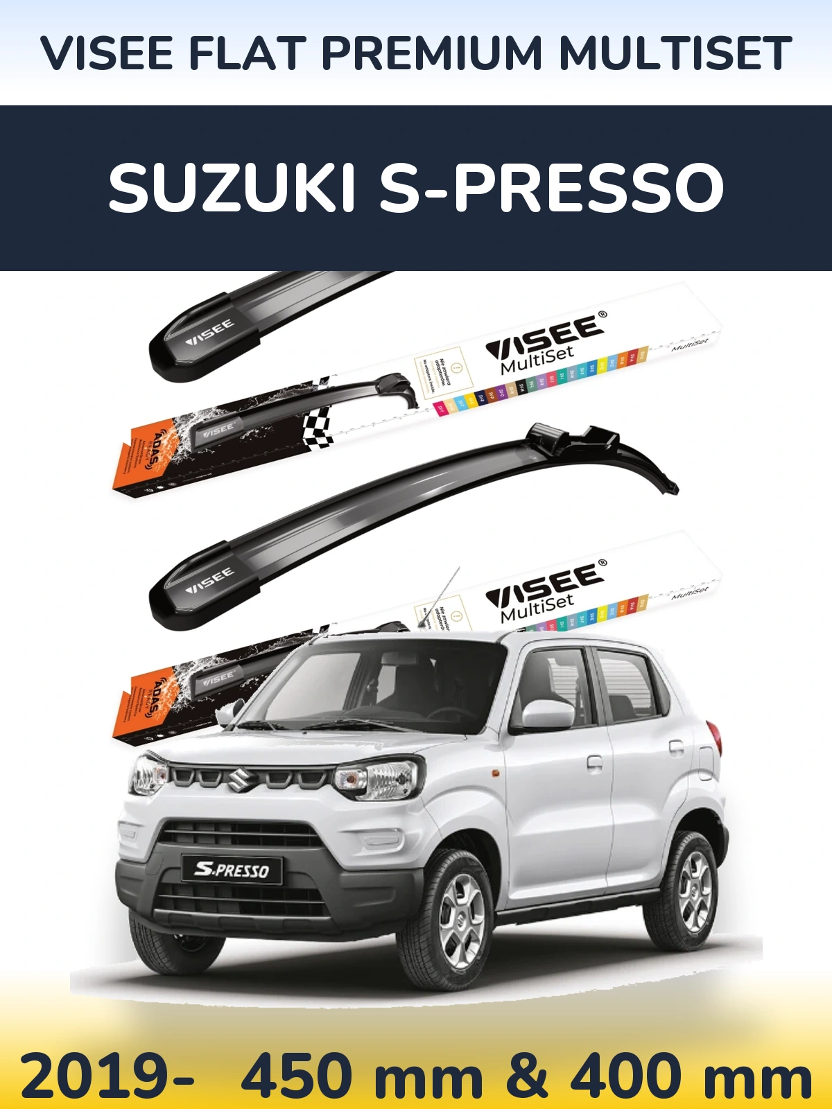 Комплект передних дворников VISEE FLAT PREMIUM MultiSet 450 & 400 мм для Suzuki S-Presso 2019-2026