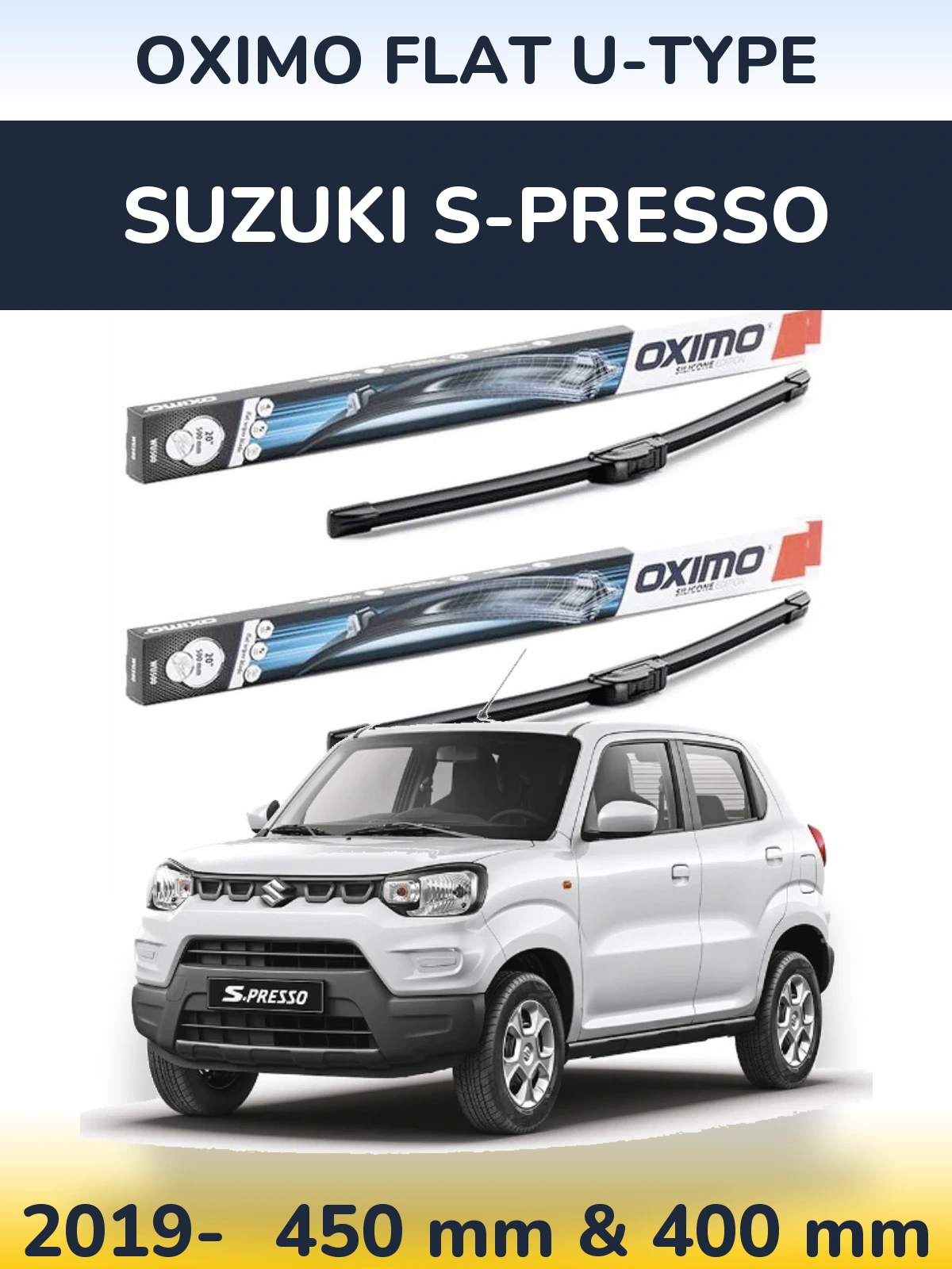 Комплект передних дворников Oximo Flat U-type 450 & 400 мм для Suzuki S-Presso 2019-2026