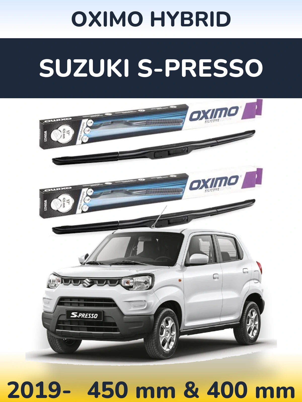 Front wiper blade set Oximo Hybrid 450 & 400 mm for Suzuki S-Presso 2019-2026