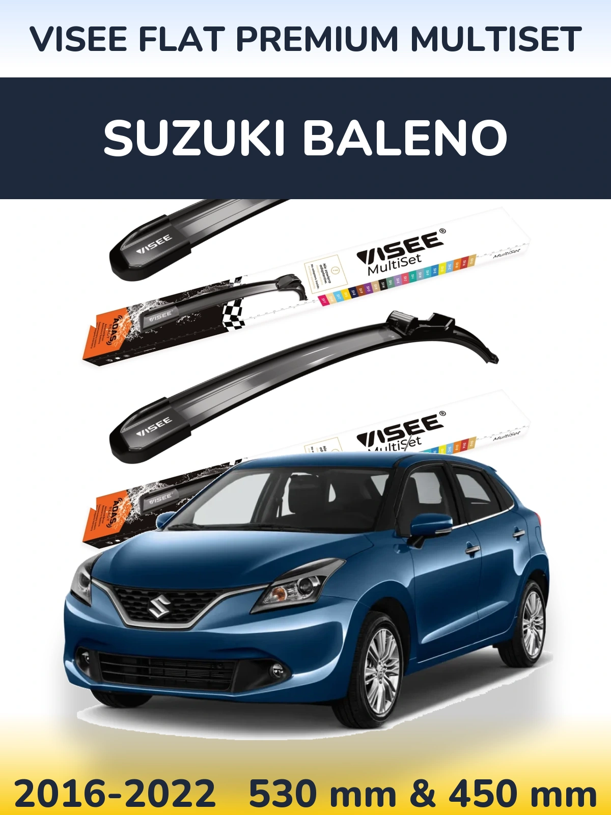 Front wiper blade set VISEE FLAT PREMIUM MultiSet 530 & 450 mm for Suzuki Baleno 2016-2022