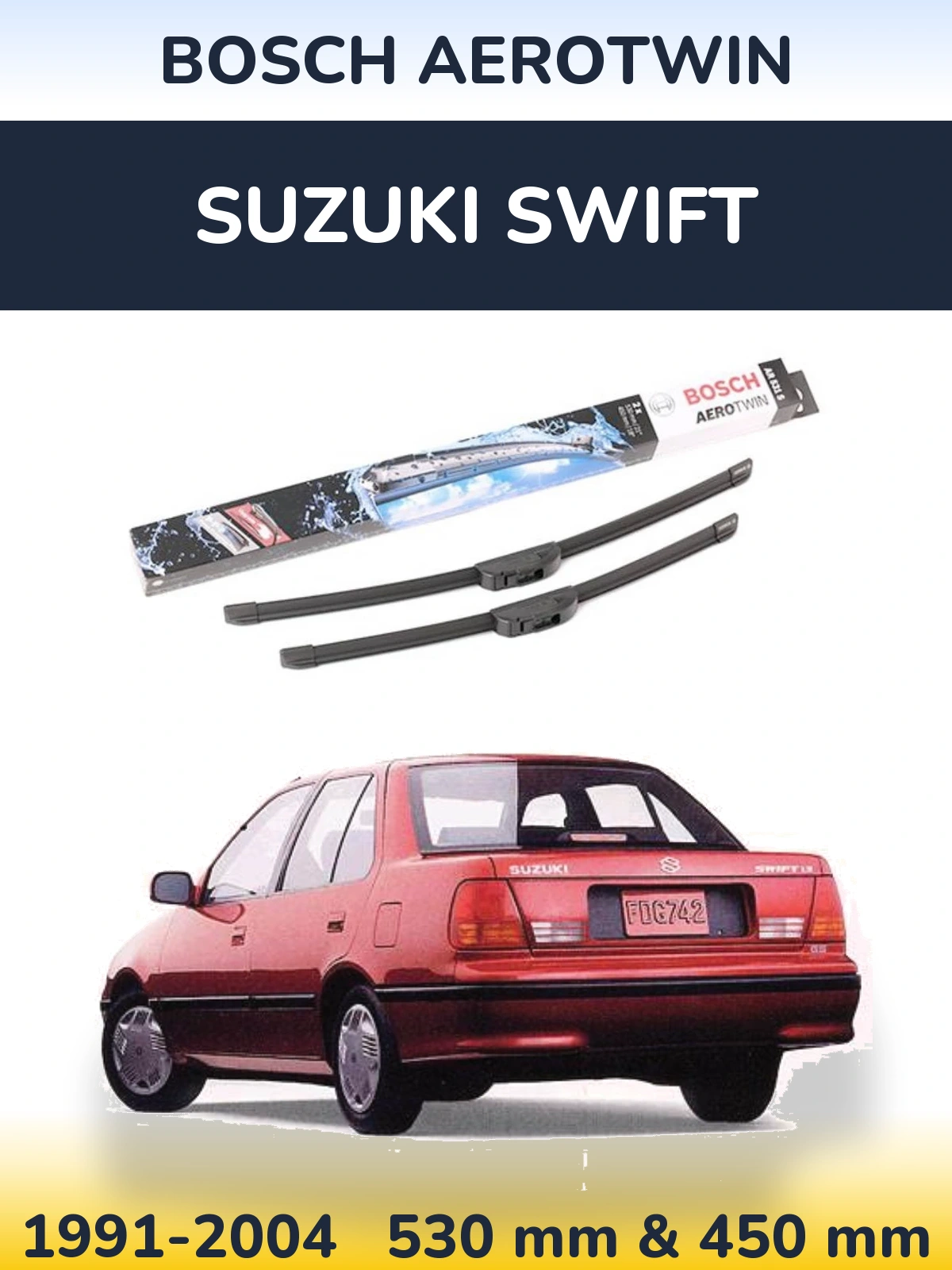 Front wiper blade set BOSCH AeroTwin 530 & 450 mm for Suzuki Swift 1991-2004