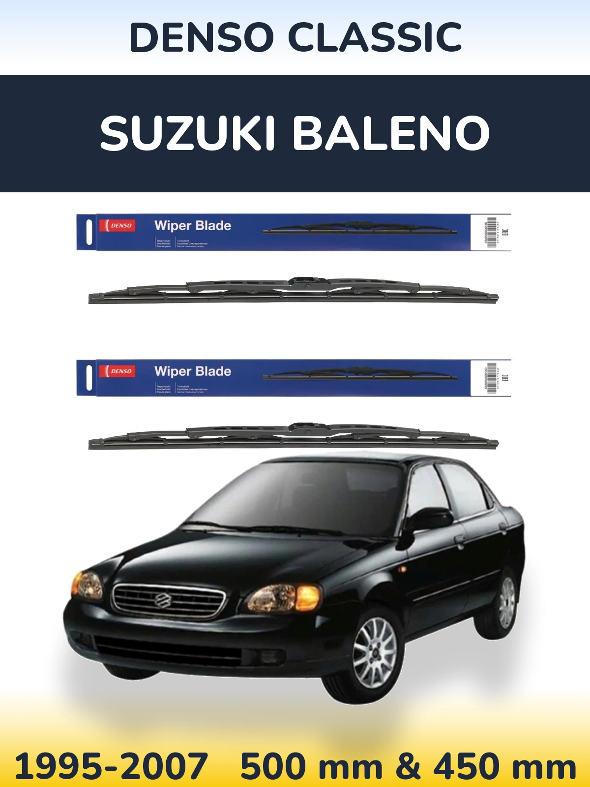Front wiper blade set Denso Classic 500 & 450 mm for Suzuki Baleno 1995-2007