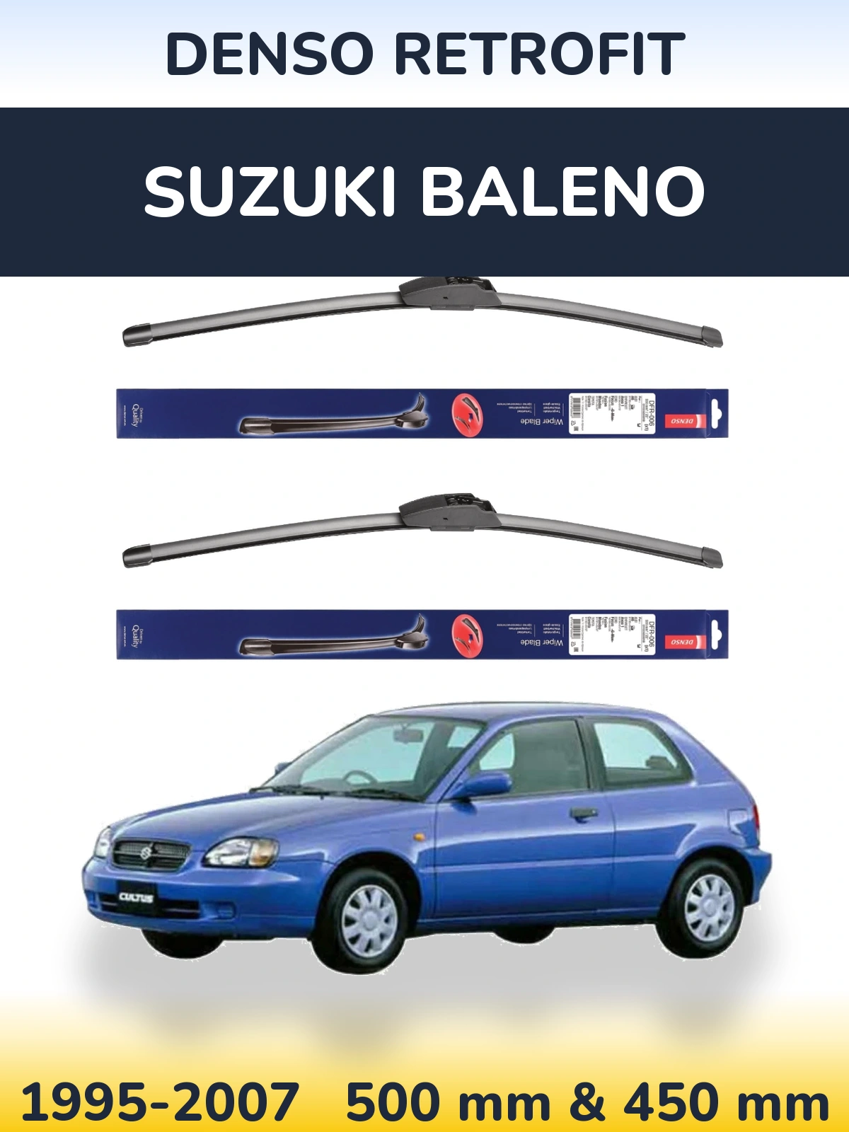 Front wiper blade set Denso Retrofit 500 & 450 mm for Suzuki Baleno 1995-2007