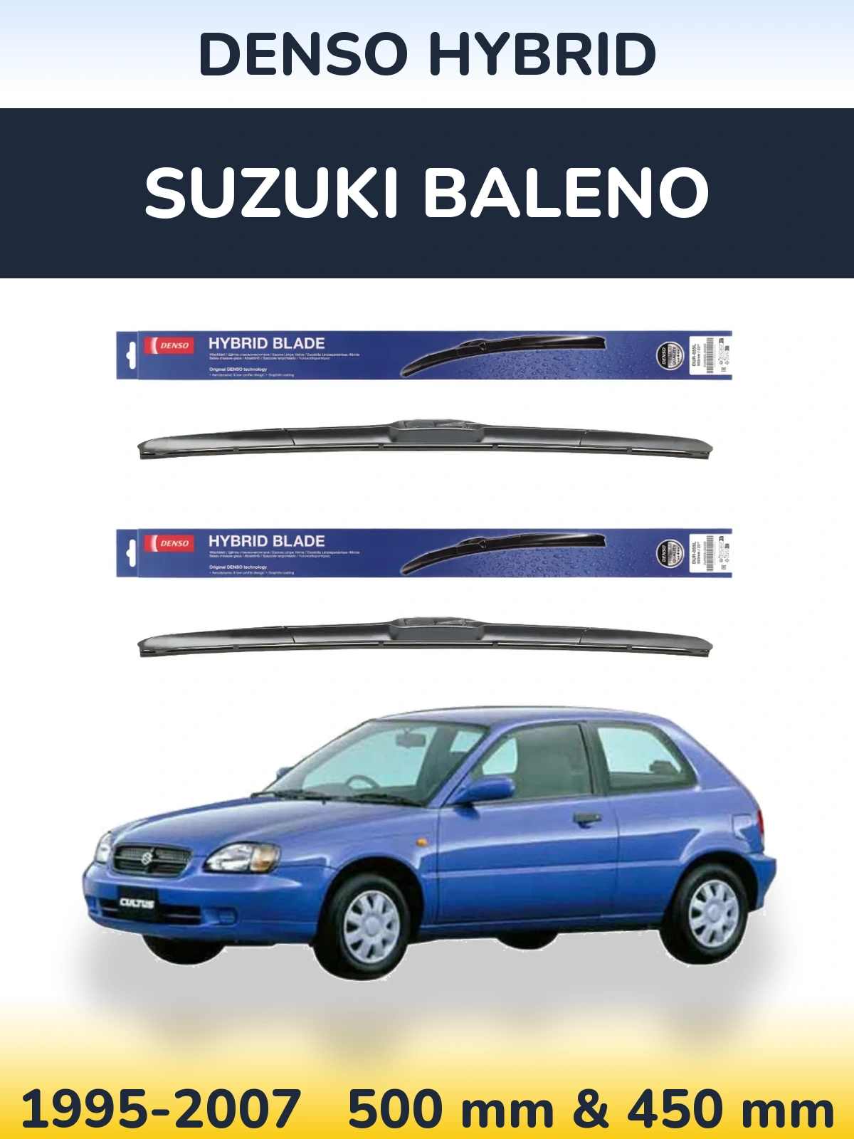 Front wiper blade set Denso Hybrid 500 & 450 mm for Suzuki Baleno 1995-2007
