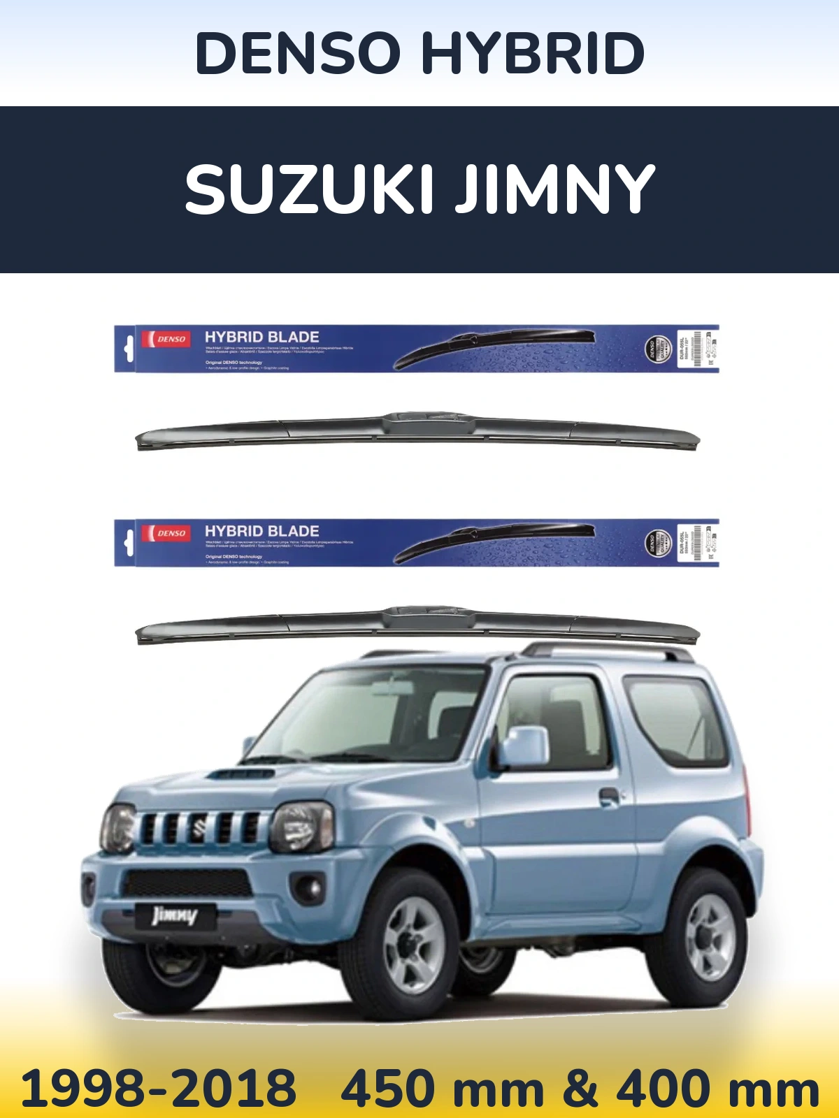 Front wiper blade set Denso Hybrid 450 & 400 mm for Suzuki Jimny 1998-2018
