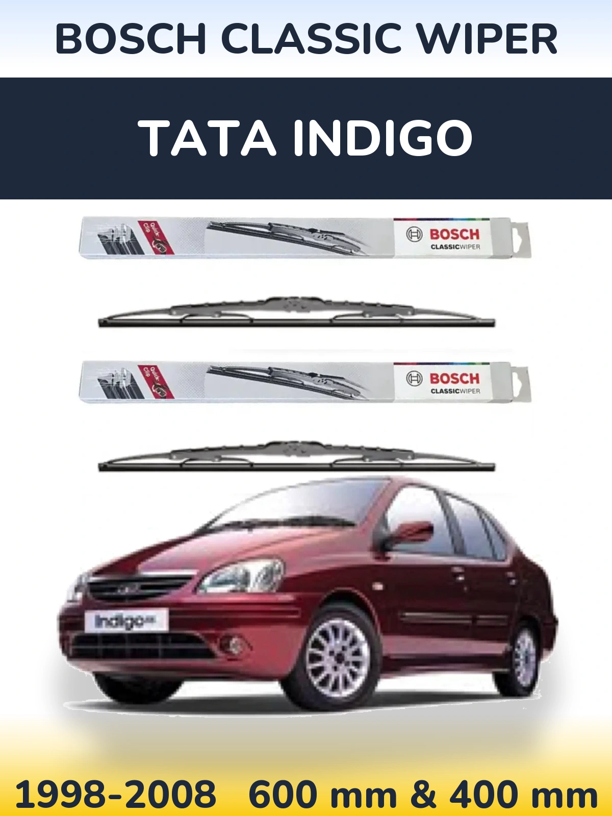 Front wiper blade set BOSCH Classic Wiper 600 & 400 mm for Tata Indigo 1998-2008