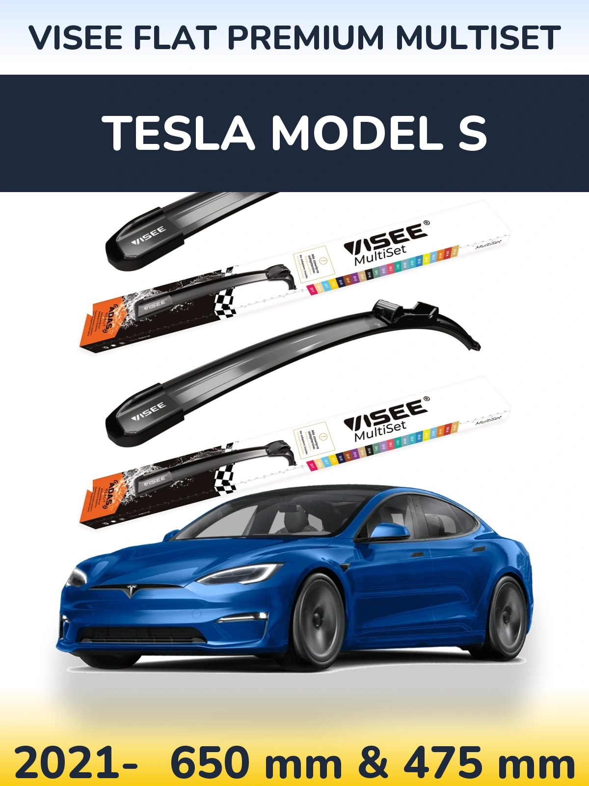 Front wiper blade set VISEE FLAT PREMIUM MultiSet 650 & 475 mm for Tesla Model S 2021-2026