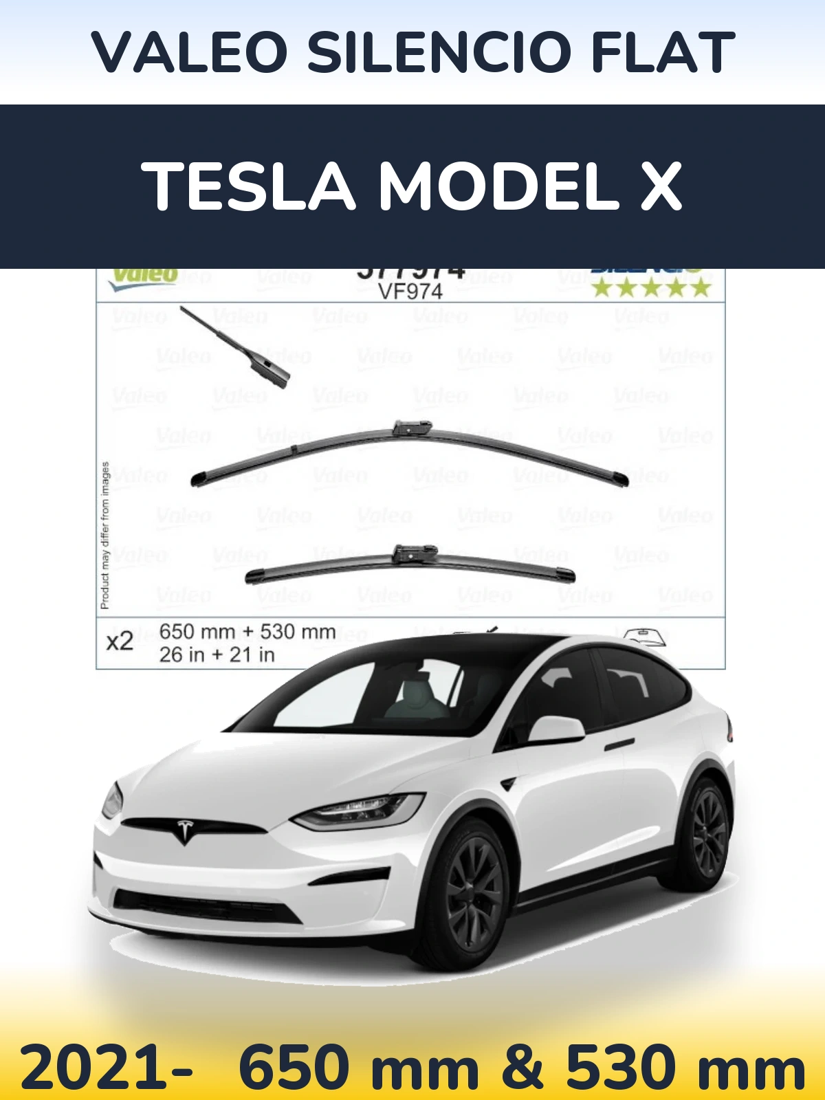 Front wiper blade set Valeo Silencio Flat 650 & 530 mm for Tesla Model X 2021-2026