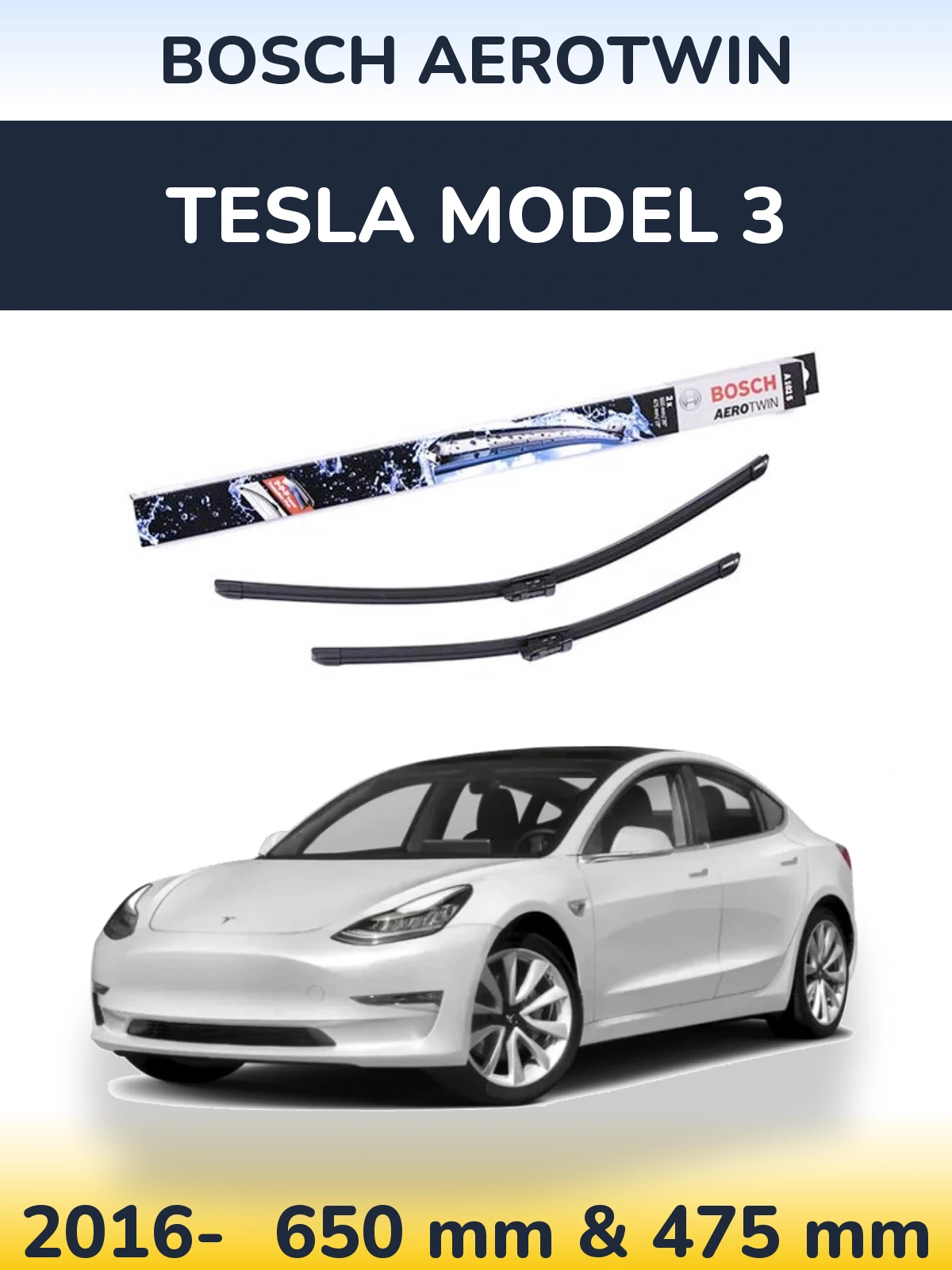 Front wiper blade set BOSCH AeroTwin 650 & 475 mm for Tesla Model 3 2016-2026