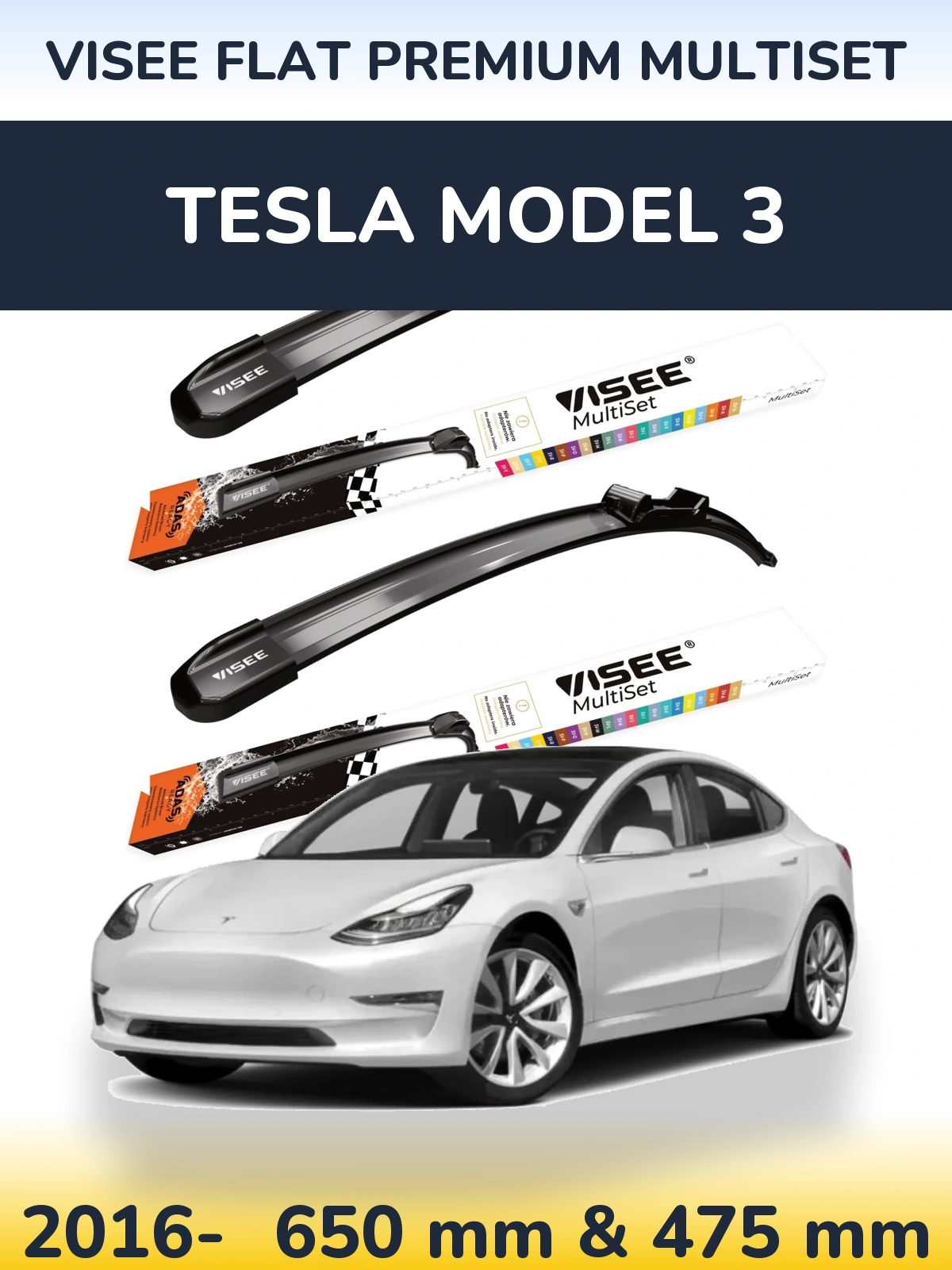 Front wiper blade set VISEE FLAT PREMIUM MultiSet 650 & 475 mm for Tesla Model 3 2016-2026