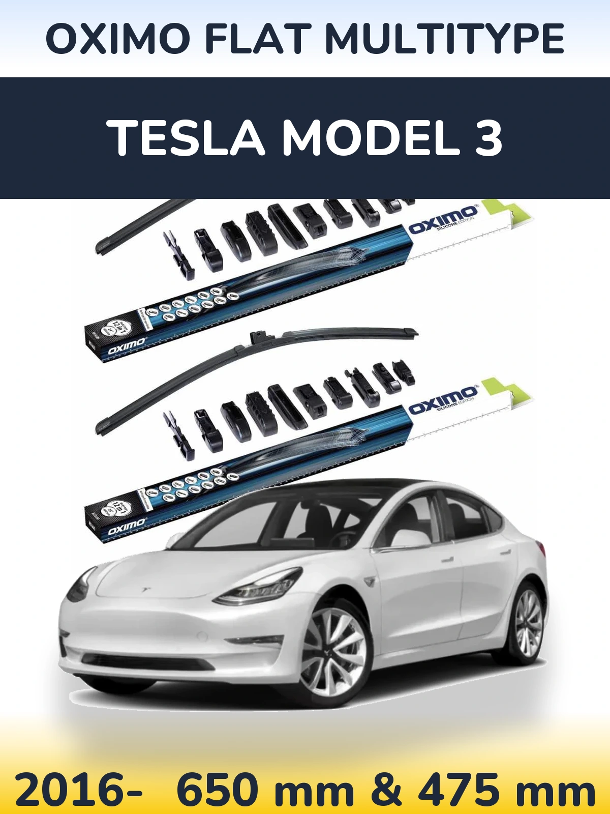 Front wiper blade set Oximo Flat MultiTypee 650 & 475 mm for Tesla Model 3 2016-2026