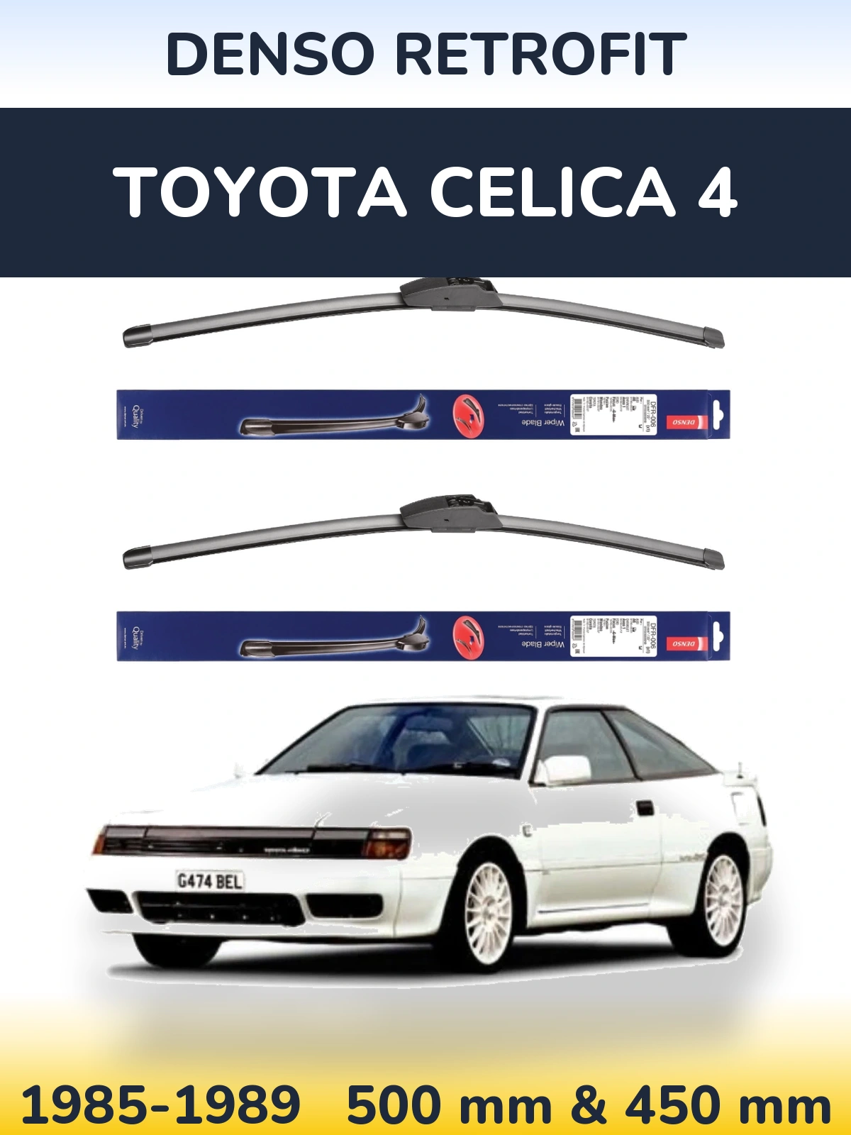 Front wiper blade set Denso Retrofit 500 & 450 mm for Toyota Celica 4 1985-1989