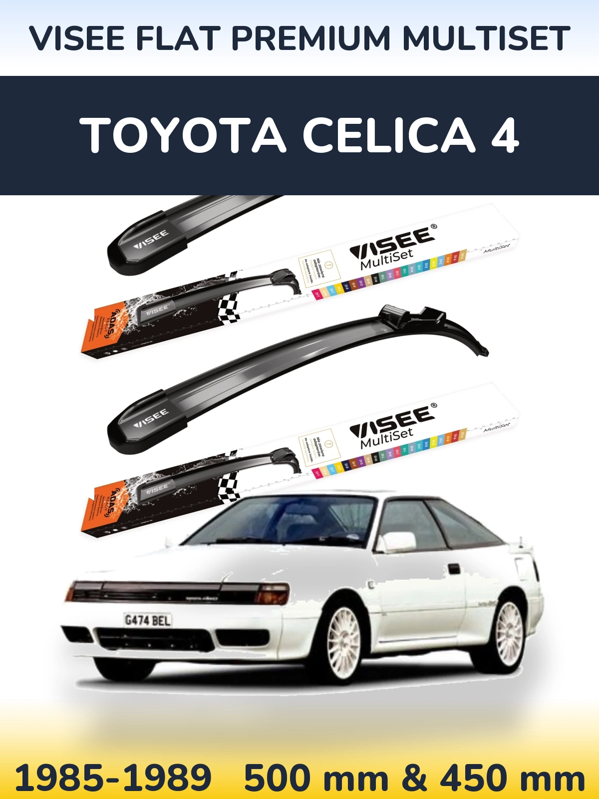 Front wiper blade set VISEE FLAT PREMIUM MultiSet 500 & 450 mm for Toyota Celica 4 1985-1989