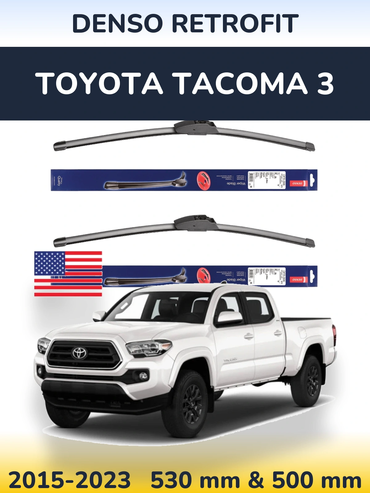 Front wiper blade set Denso Retrofit 530 & 500 mm for Toyota Tacoma 3 2015-2023